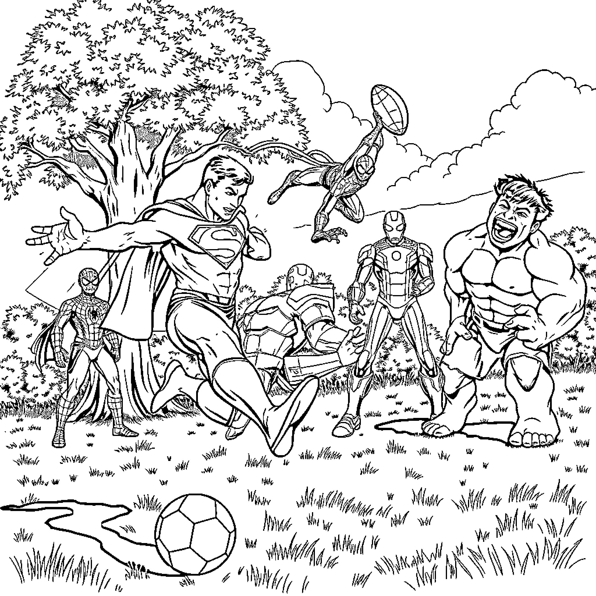 Superman and friends saving the day in epic outdoor adventure Coloring Page (free black-and-white line drawing printable PDF for all, from beginners to advanced learners, including children, teens, adults, and seniors)