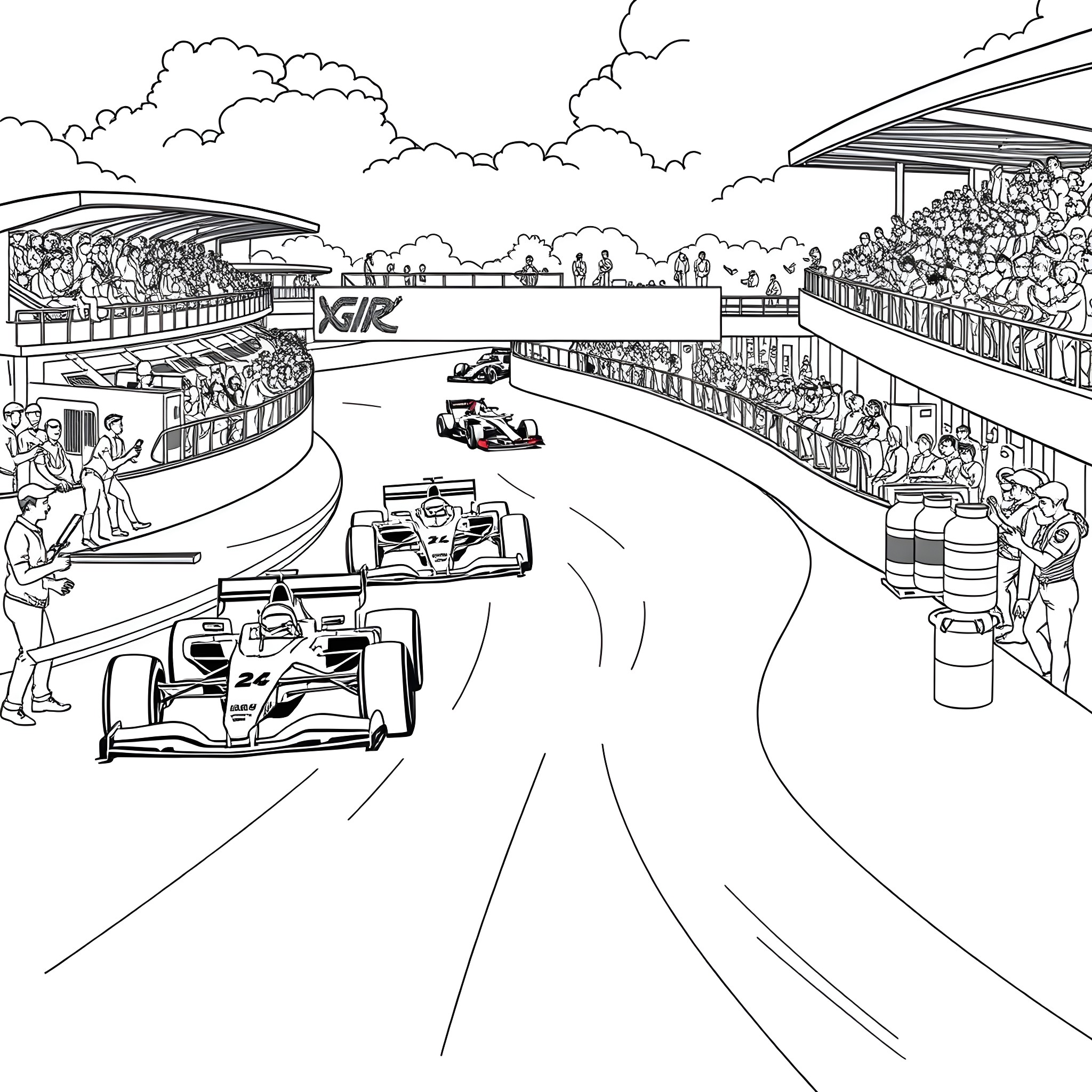 F1 Cars Racing on the Circuit with Spectators Coloring Page (free black-and-white line drawing printable PDF for all, from beginners to advanced learners, including children, teens, adults, and seniors)