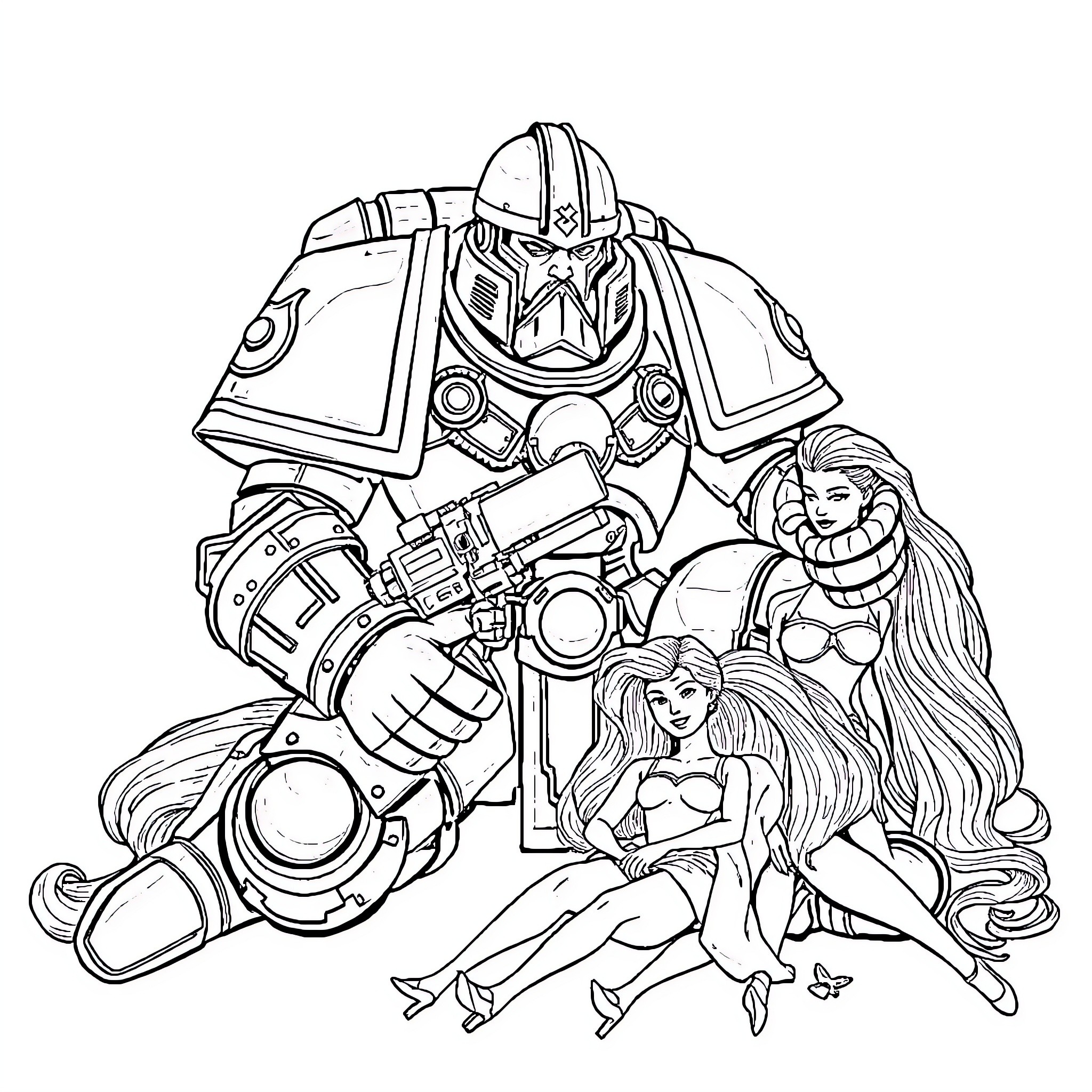 Warhammer Characters in Epic Battle Pose Coloring Page (free black-and-white line drawing printable PDF for all, from beginners to advanced learners, including children, teens, adults, and seniors)