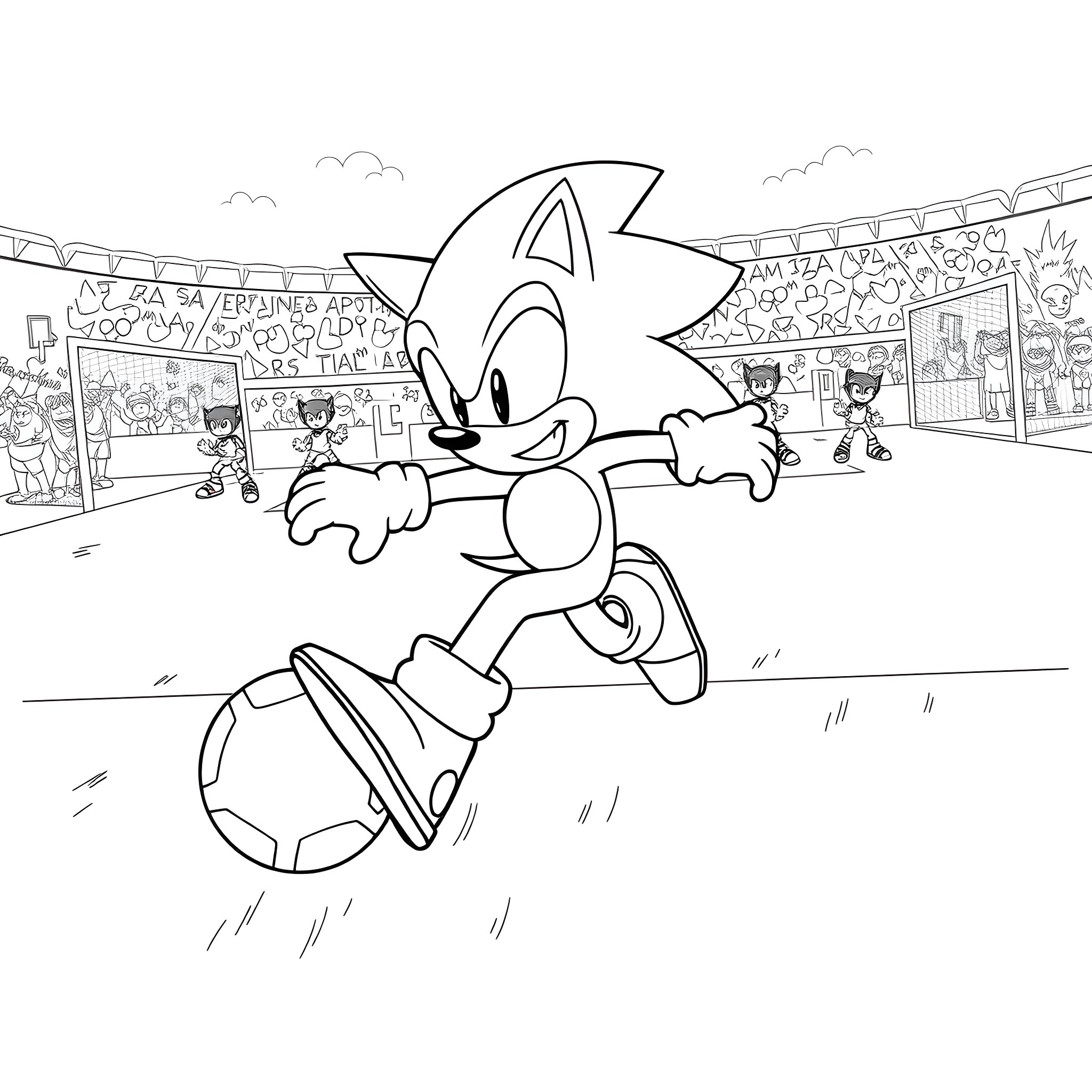 Sonic speeding through a sports arena Coloring Page (free black-and-white line drawing printable PDF for all, from beginners to advanced learners, including children, teens, adults, and seniors)