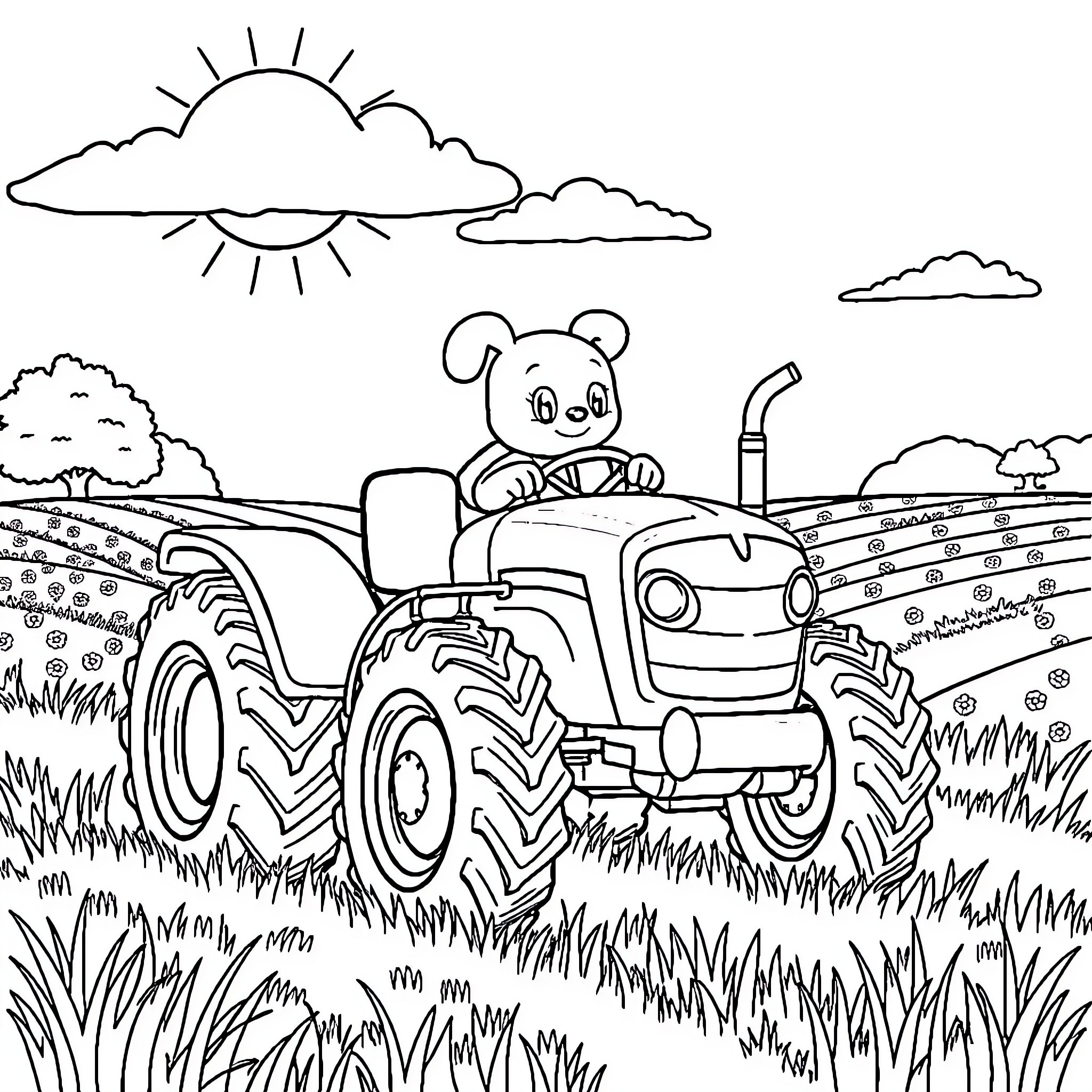 Bluey driving a tractor through the countryside Coloring Page (free black-and-white line drawing printable PDF for all, from beginners to advanced learners, including children, teens, adults, and seniors)