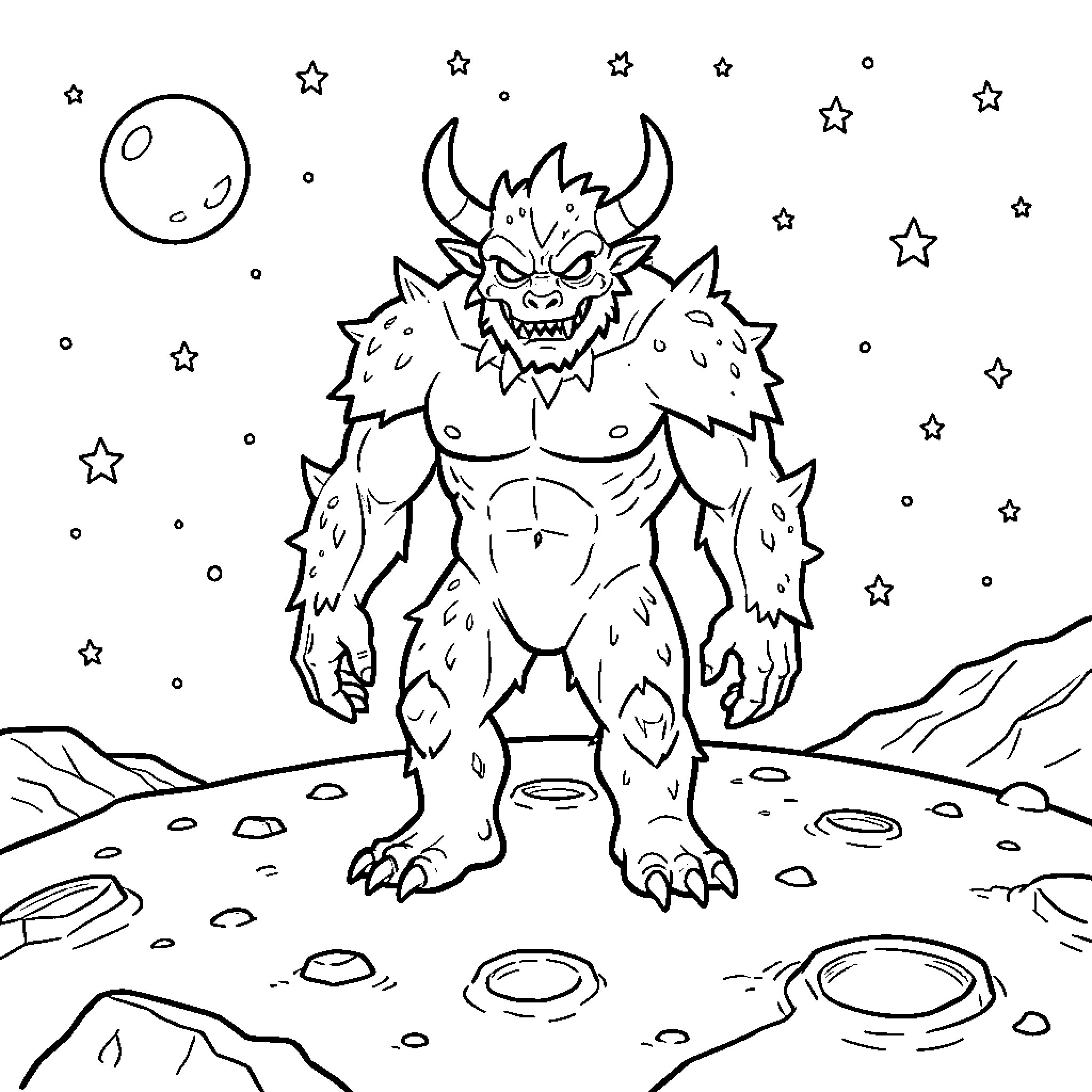 Monster standing menacingly on a cratered moon surface Coloring Page (free black-and-white line drawing printable PDF for all, from beginners to advanced learners, including children, teens, adults, and seniors)