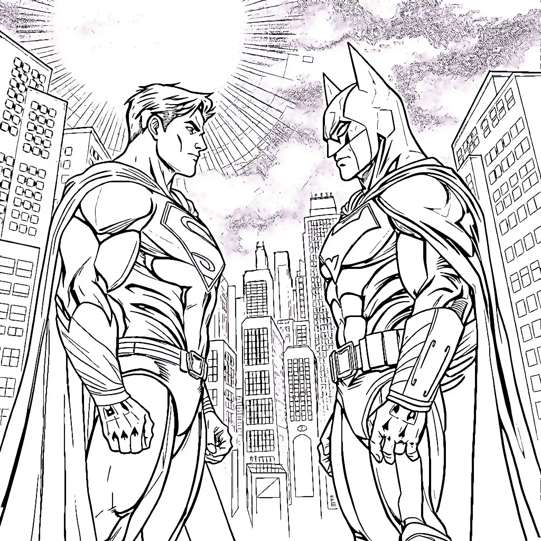 Superman and Batman: Heroes in Action Coloring Page (free black-and-white line drawing printable PDF for all, from beginners to advanced learners, including children, teens, adults, and seniors)