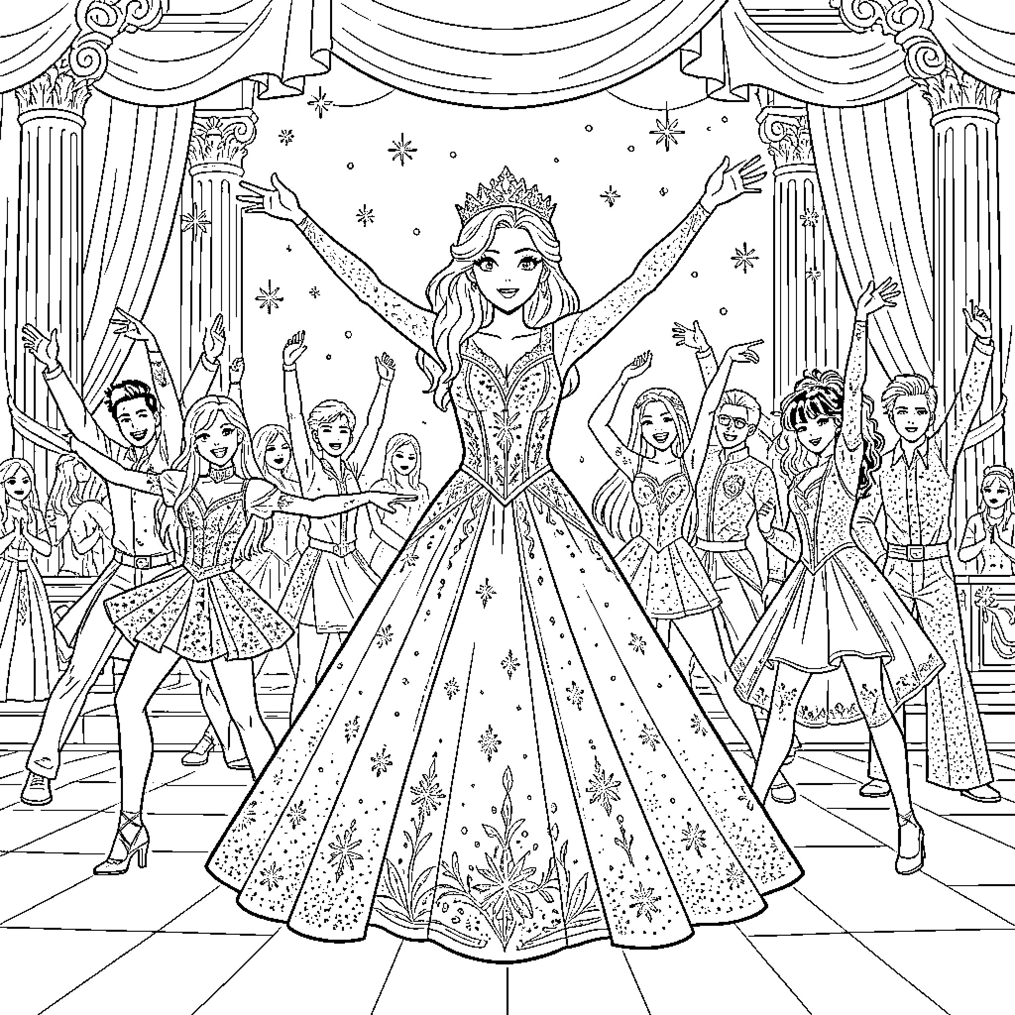 Snow Queen dancing joyfully on a grand stage Coloring Page (free black-and-white line drawing printable PDF for all, from beginners to advanced learners, including children, teens, adults, and seniors)