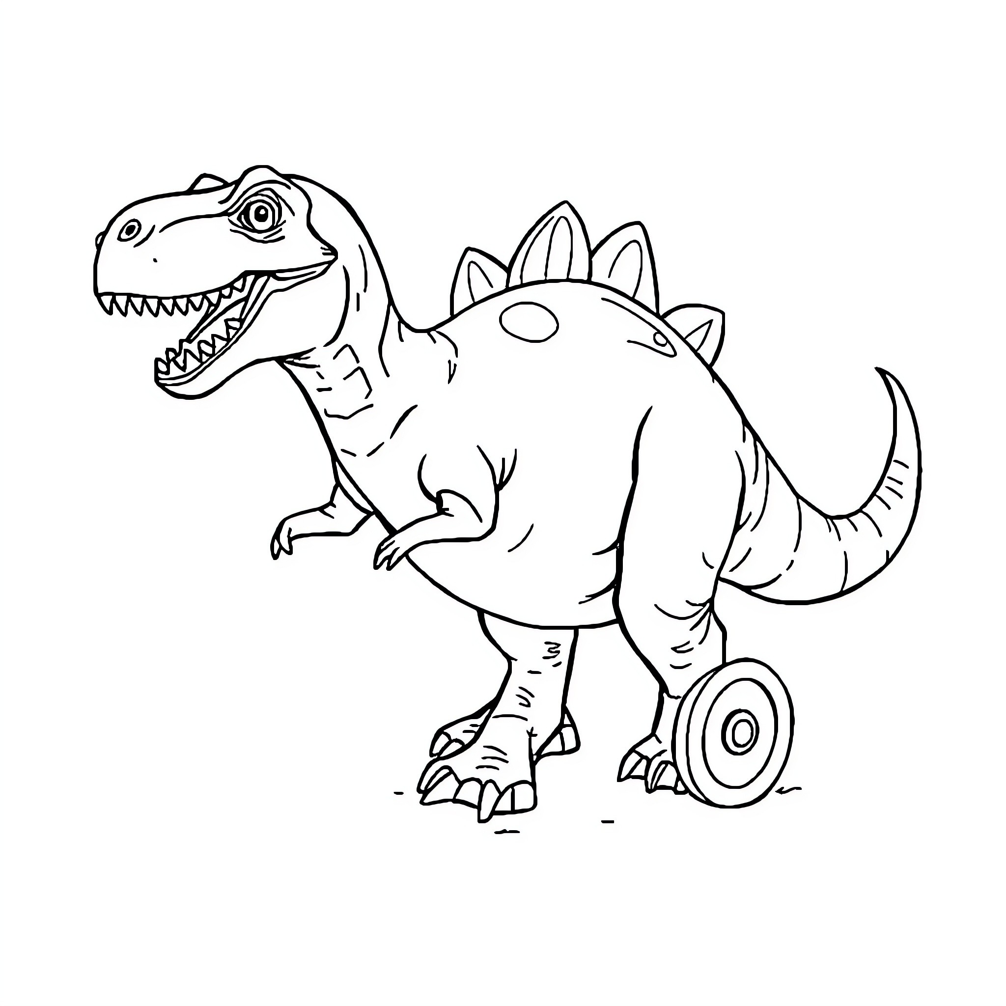 Dinosaurs playing and exploring Coloring Page (free black-and-white line drawing printable PDF for all, from beginners to advanced learners, including children, teens, adults, and seniors)
