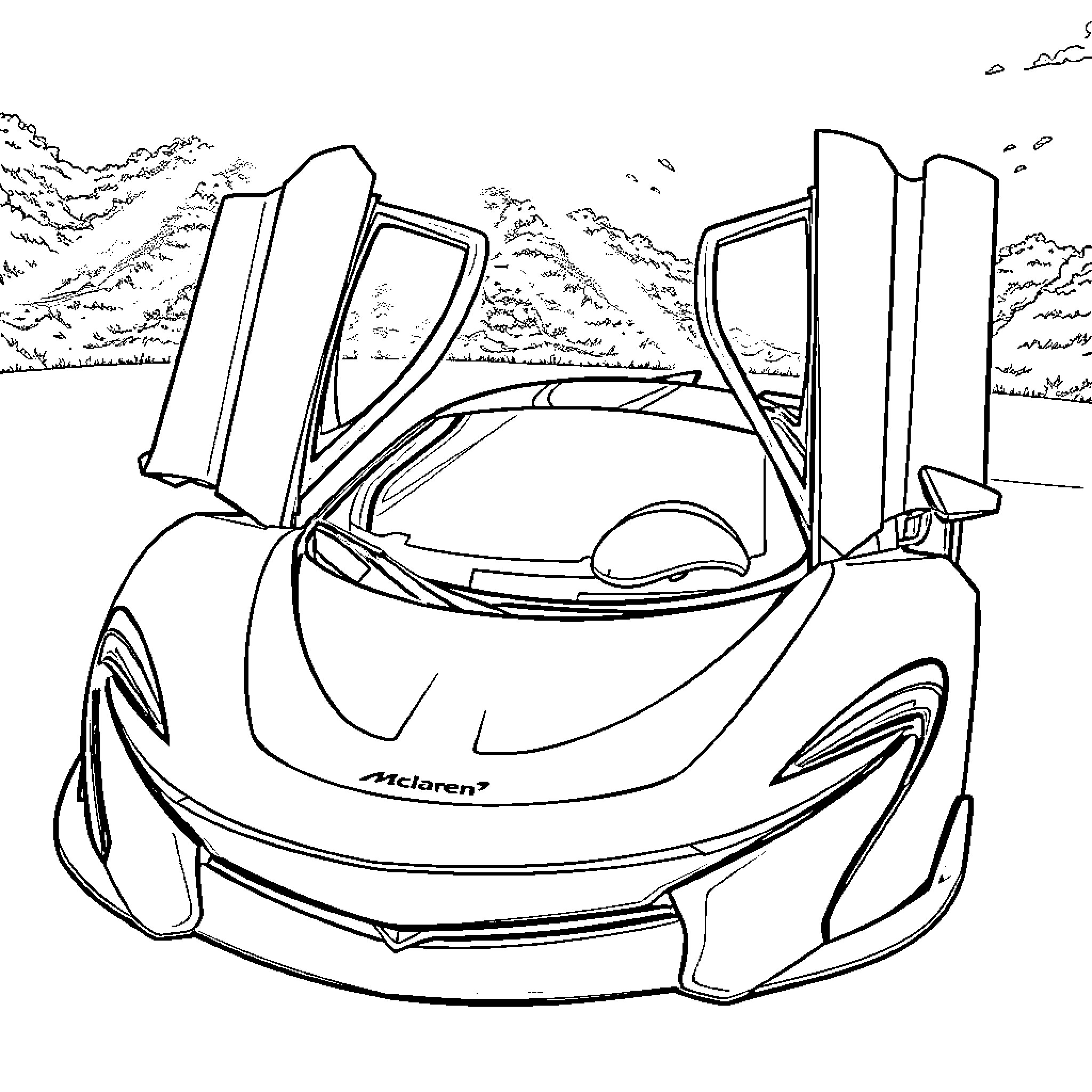 McLaren F1 with Dramatic Doors and Futuristic Design Coloring Page (free black-and-white line drawing printable PDF for all, from beginners to advanced learners, including children, teens, adults, and seniors)