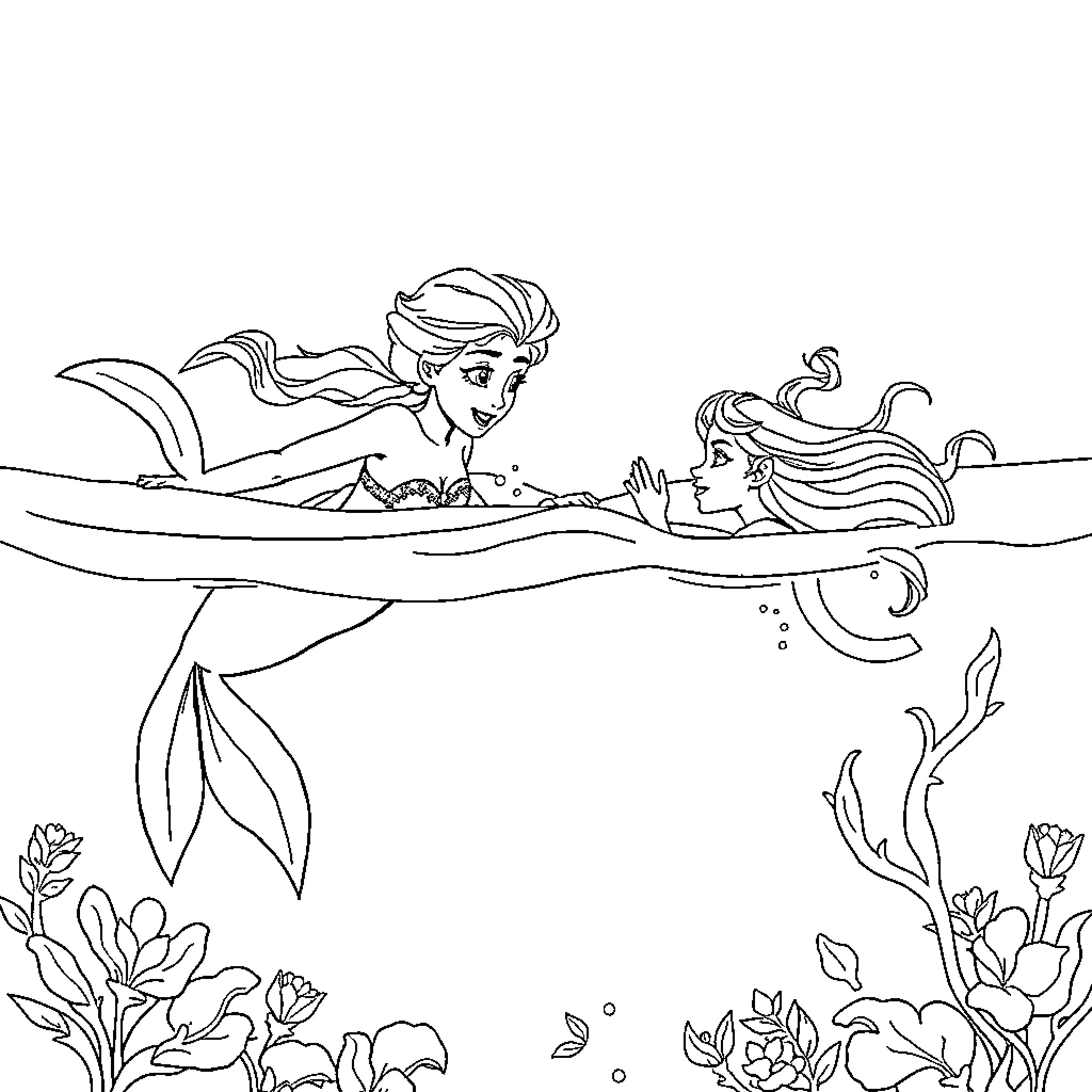 Elsa and Ariel explore the underwater realm Coloring Page (free black-and-white line drawing printable PDF for all, from beginners to advanced learners, including children, teens, adults, and seniors)