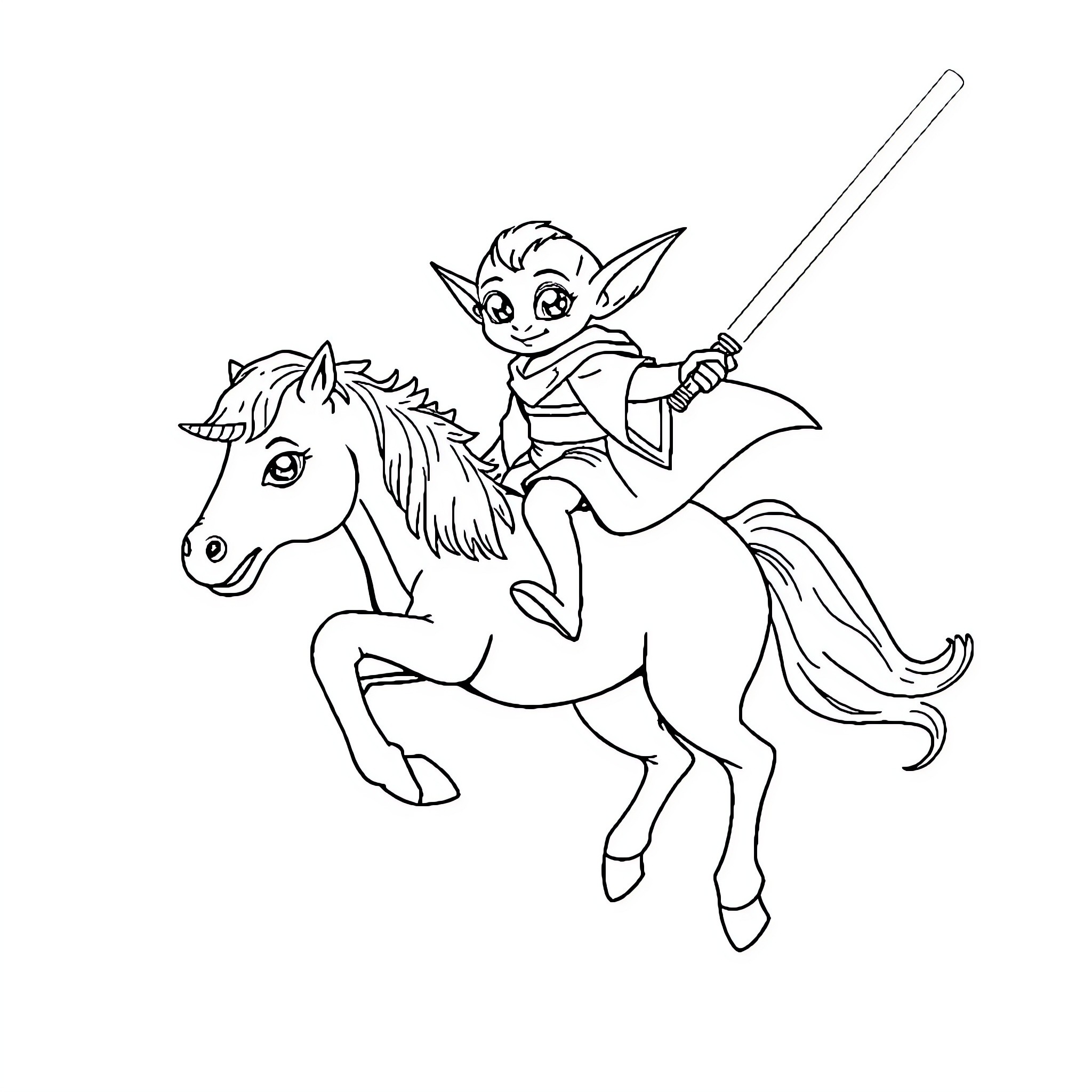 Dobby riding a horse with a sword Coloring Page (free black-and-white line drawing printable PDF for all, from beginners to advanced learners, including children, teens, adults, and seniors)