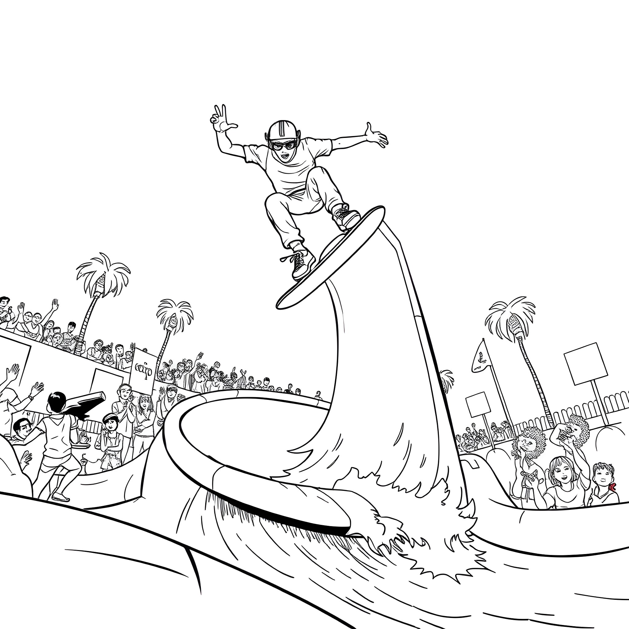 Tony Hawk performing extreme skateboarding stunts in a crowded city Coloring Page (free black-and-white line drawing printable PDF for all, from beginners to advanced learners, including children, teens, adults, and seniors)