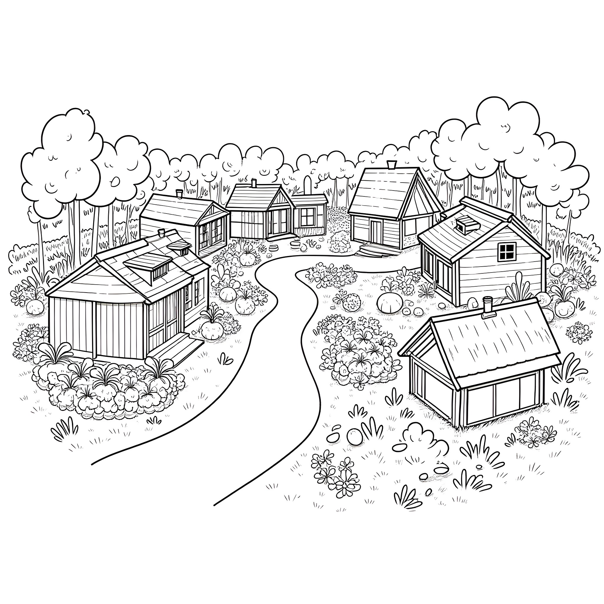 Ecovillage with diverse buildings and lush vegetation Coloring Page (free black-and-white line drawing printable PDF for all, from beginners to advanced learners, including children, teens, adults, and seniors)