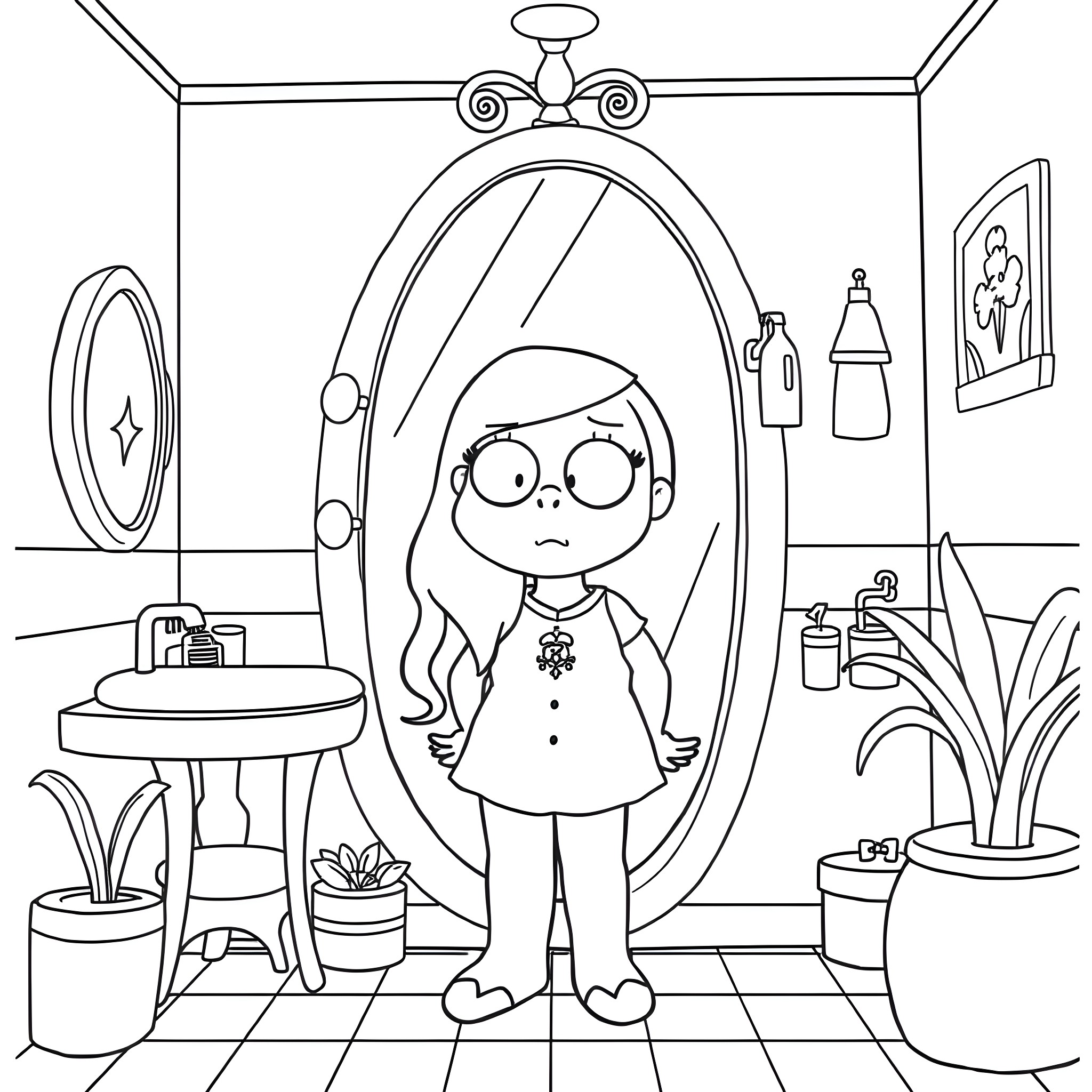 Meg Griffin in a cozy bathroom setting Coloring Page (free black-and-white line drawing printable PDF for all, from beginners to advanced learners, including children, teens, adults, and seniors)