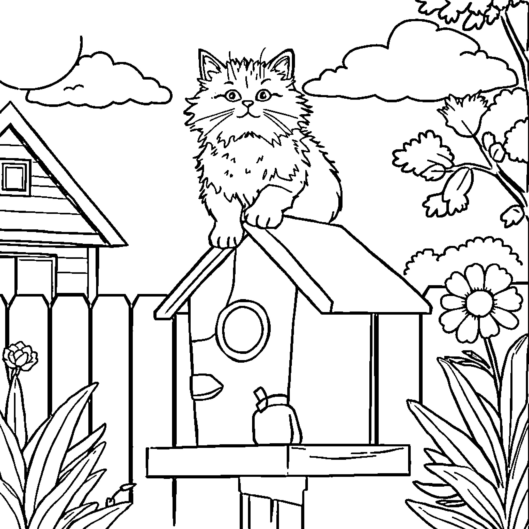 Cat exploring the cozy birdhouse in the garden Coloring Page (free black-and-white line drawing printable PDF for all, from beginners to advanced learners, including children, teens, adults, and seniors)