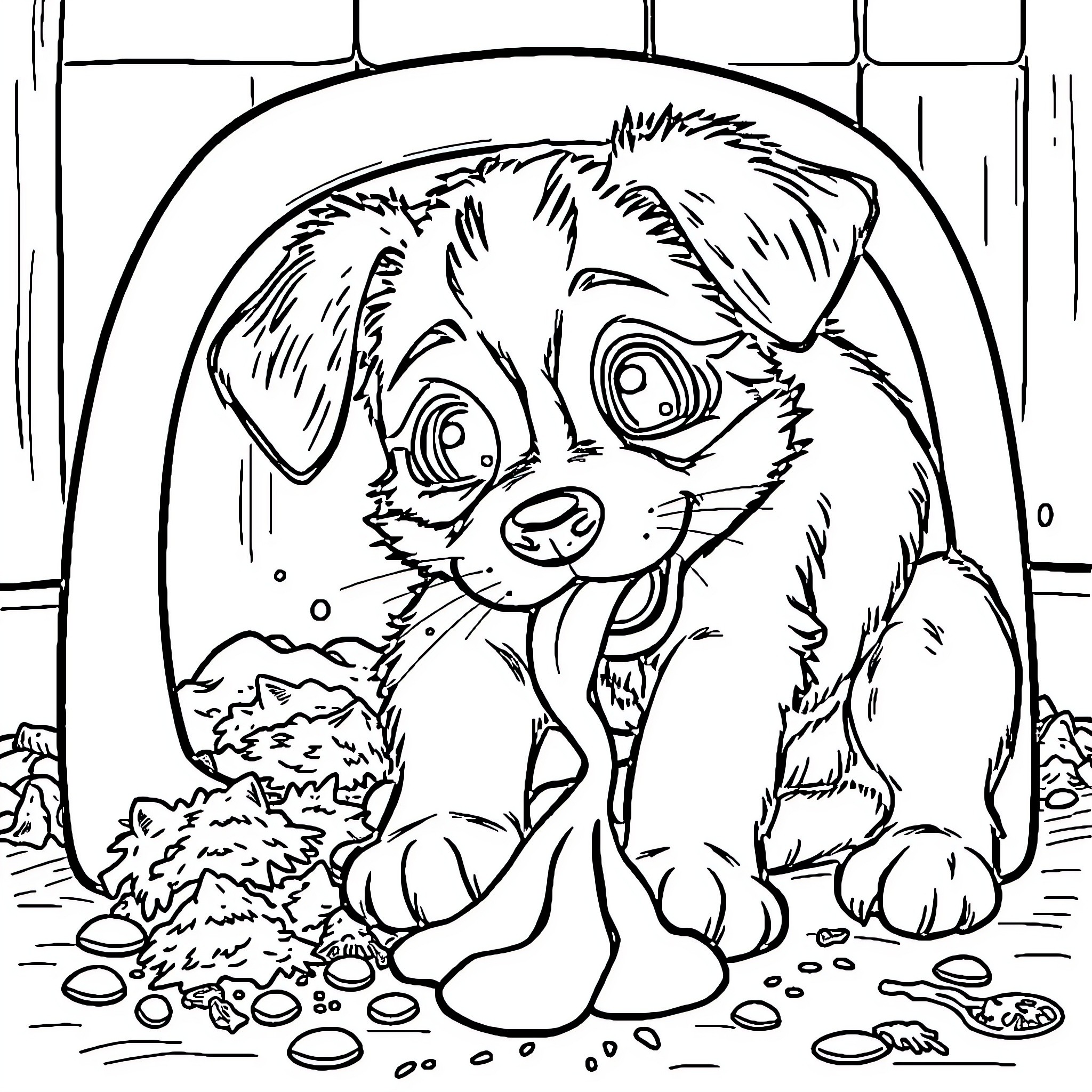 Puppy exploring curiously in the yard Coloring Page (free black-and-white line drawing printable PDF for all, from beginners to advanced learners, including children, teens, adults, and seniors)