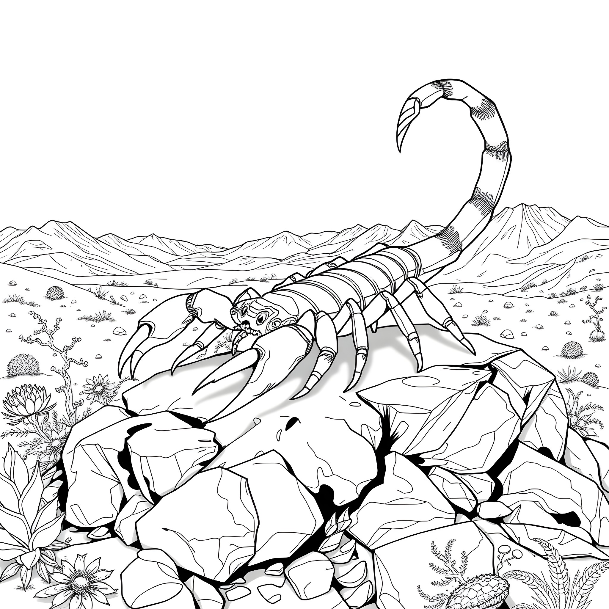 Scorpio Scorpion Amongst Desert Rocks and Plants Coloring Page (free black-and-white line drawing printable PDF for all, from beginners to advanced learners, including children, teens, adults, and seniors)