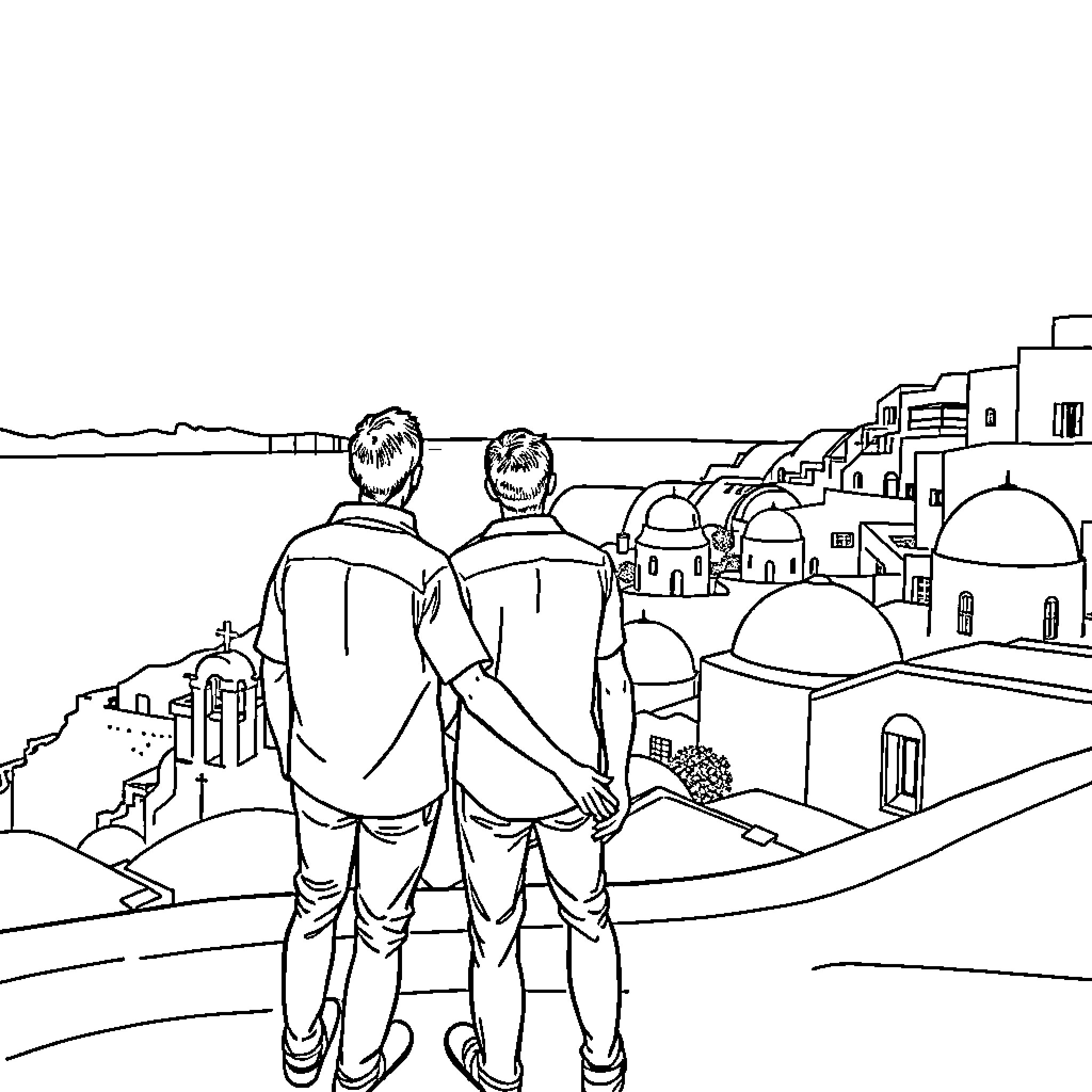 Man exploring scenic coastal town with companion Coloring Page (free black-and-white line drawing printable PDF for all, from beginners to advanced learners, including children, teens, adults, and seniors)