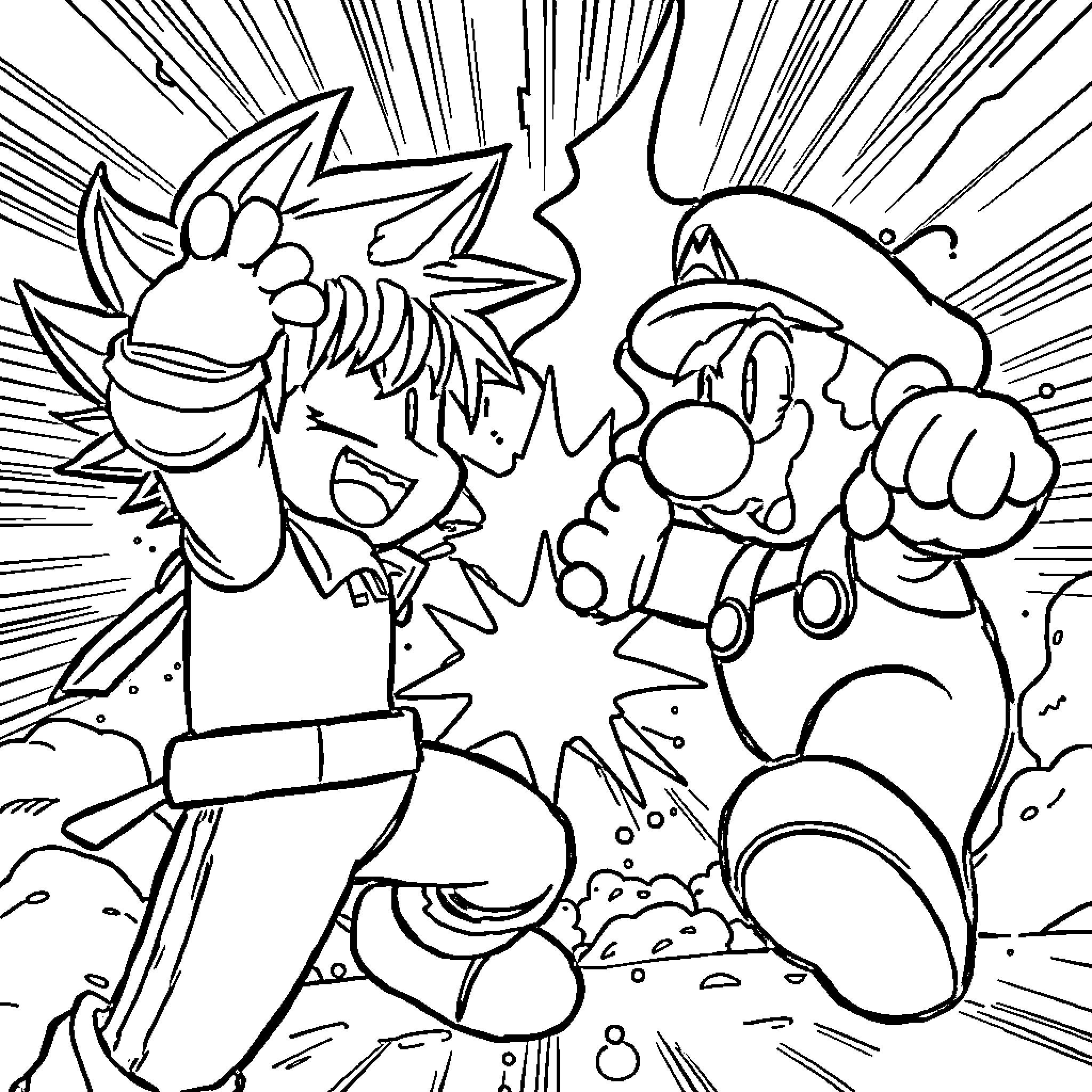 Deku and Mario in an epic clash Coloring Page (free black-and-white line drawing printable PDF for all, from beginners to advanced learners, including children, teens, adults, and seniors)