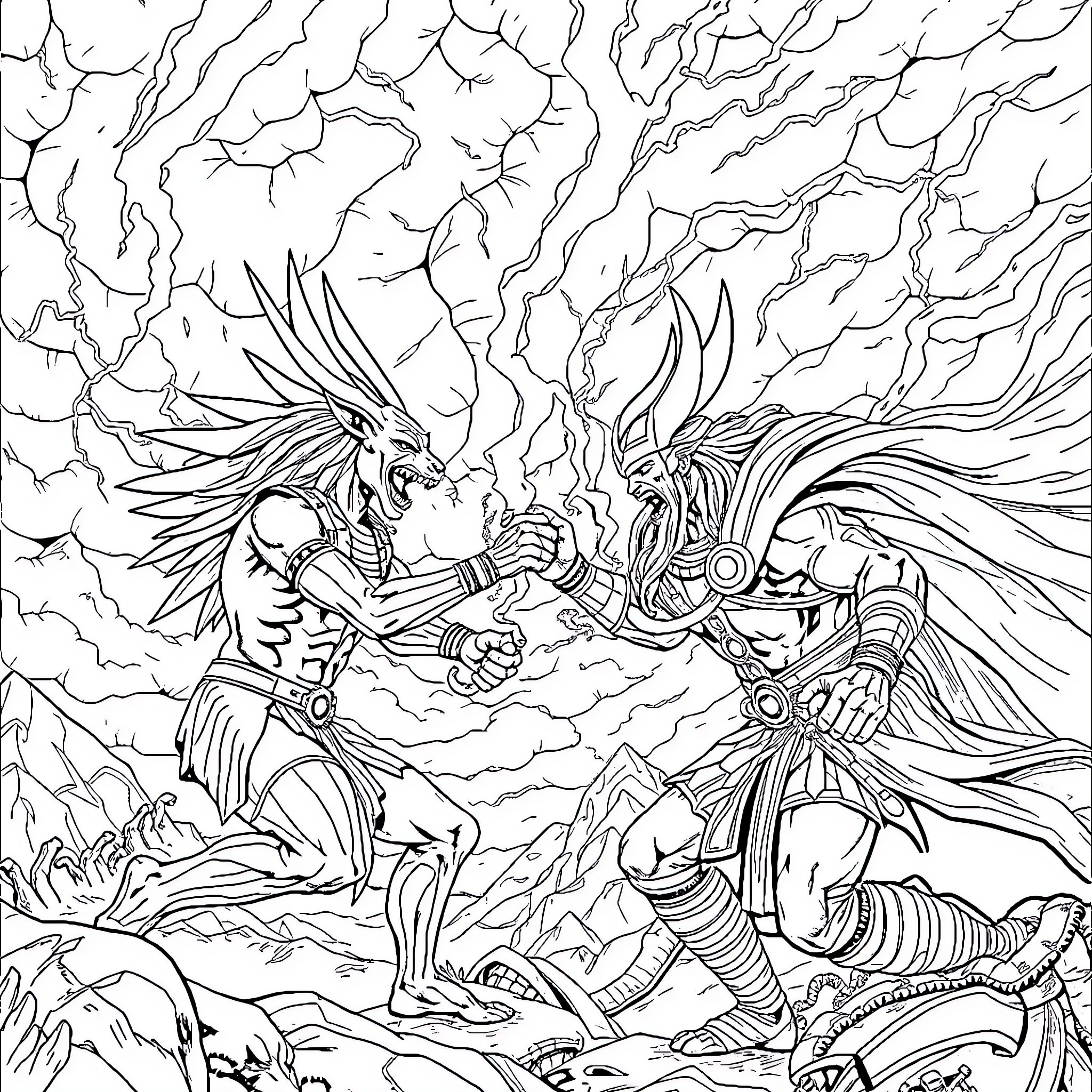 Anubis Deities Battling in Mythological Landscape Coloring Page (free black-and-white line drawing printable PDF for all, from beginners to advanced learners, including children, teens, adults, and seniors)