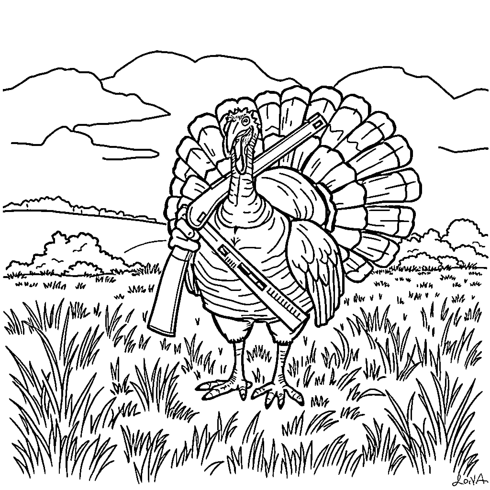Turkey in pastoral landscape with mountains Coloring Page (free black-and-white line drawing printable PDF for all, from beginners to advanced learners, including children, teens, adults, and seniors)