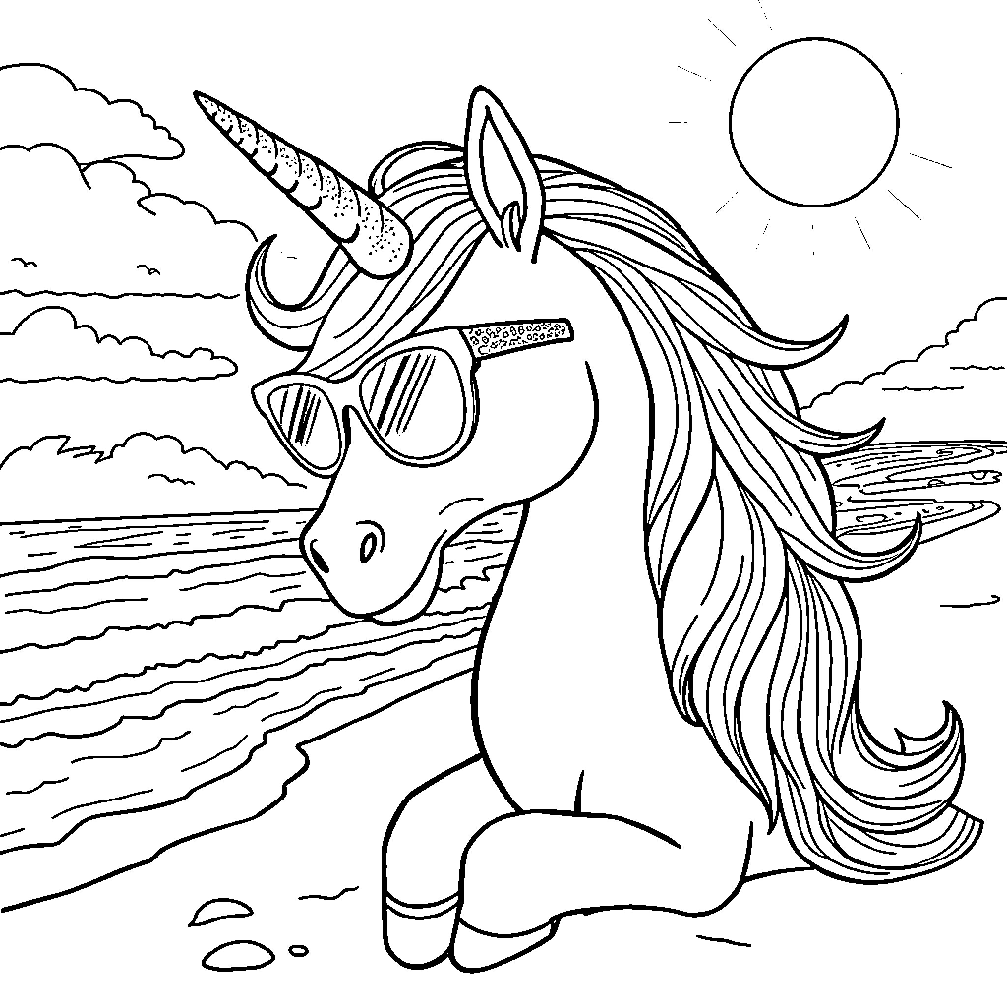 Unicorn relaxing peacefully by the ocean Coloring Page (free black-and-white line drawing printable PDF for all, from beginners to advanced learners, including children, teens, adults, and seniors)