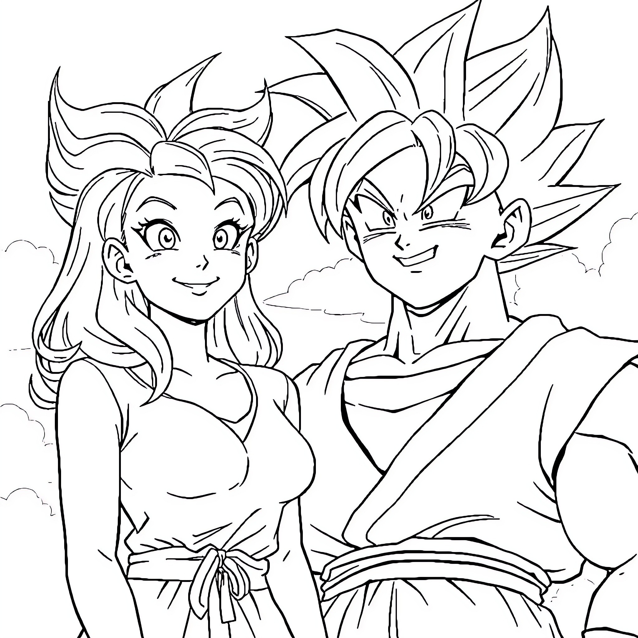 Sabrina Carpenter and Goku in animated style Coloring Page (free black-and-white line drawing printable PDF for all, from beginners to advanced learners, including children, teens, adults, and seniors)