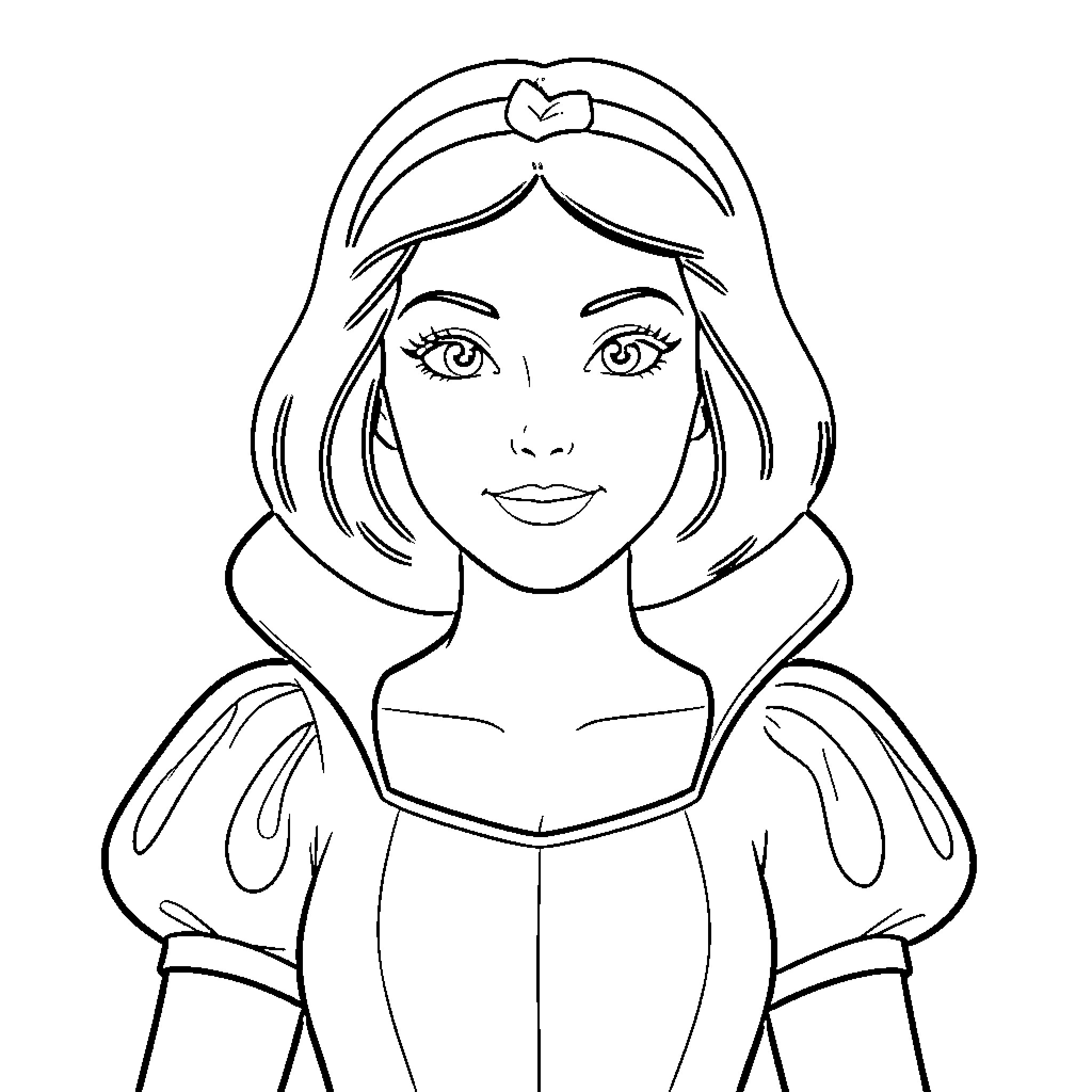 Blancanieves in a flowing dress and headdress Coloring Page (free black-and-white line drawing printable PDF for all, from beginners to advanced learners, including children, teens, adults, and seniors)