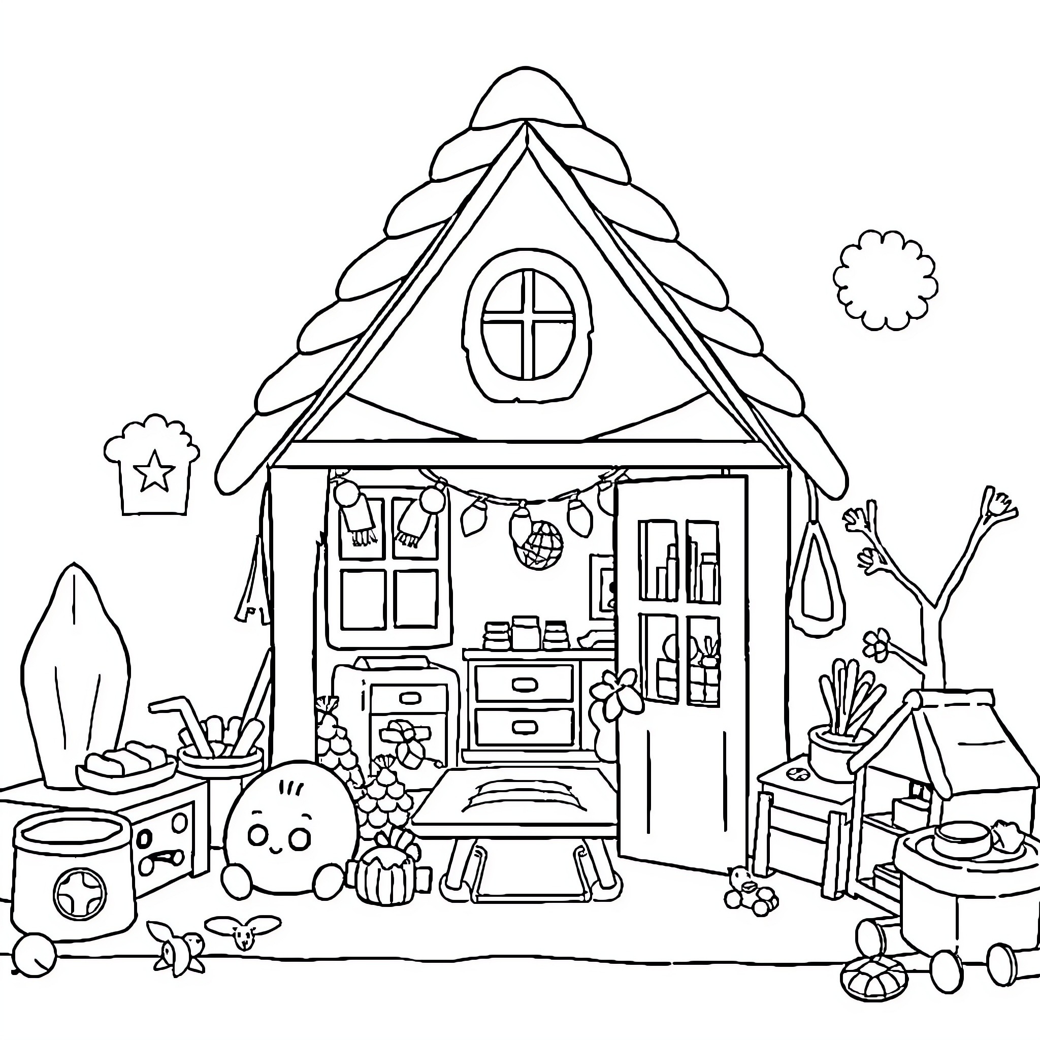 House of toys, crafts, and household items Coloring Page (free black-and-white line drawing printable PDF for all, from beginners to advanced learners, including children, teens, adults, and seniors)