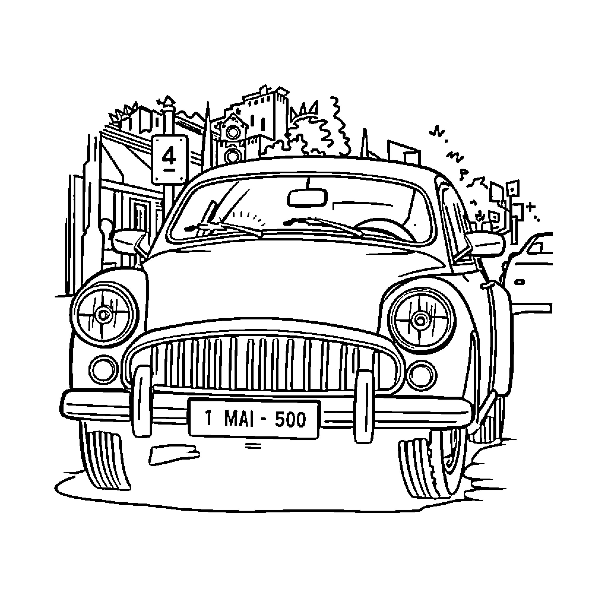 Car driving through an illustrated cityscape Coloring Page (free black-and-white line drawing printable PDF for all, from beginners to advanced learners, including children, teens, adults, and seniors)