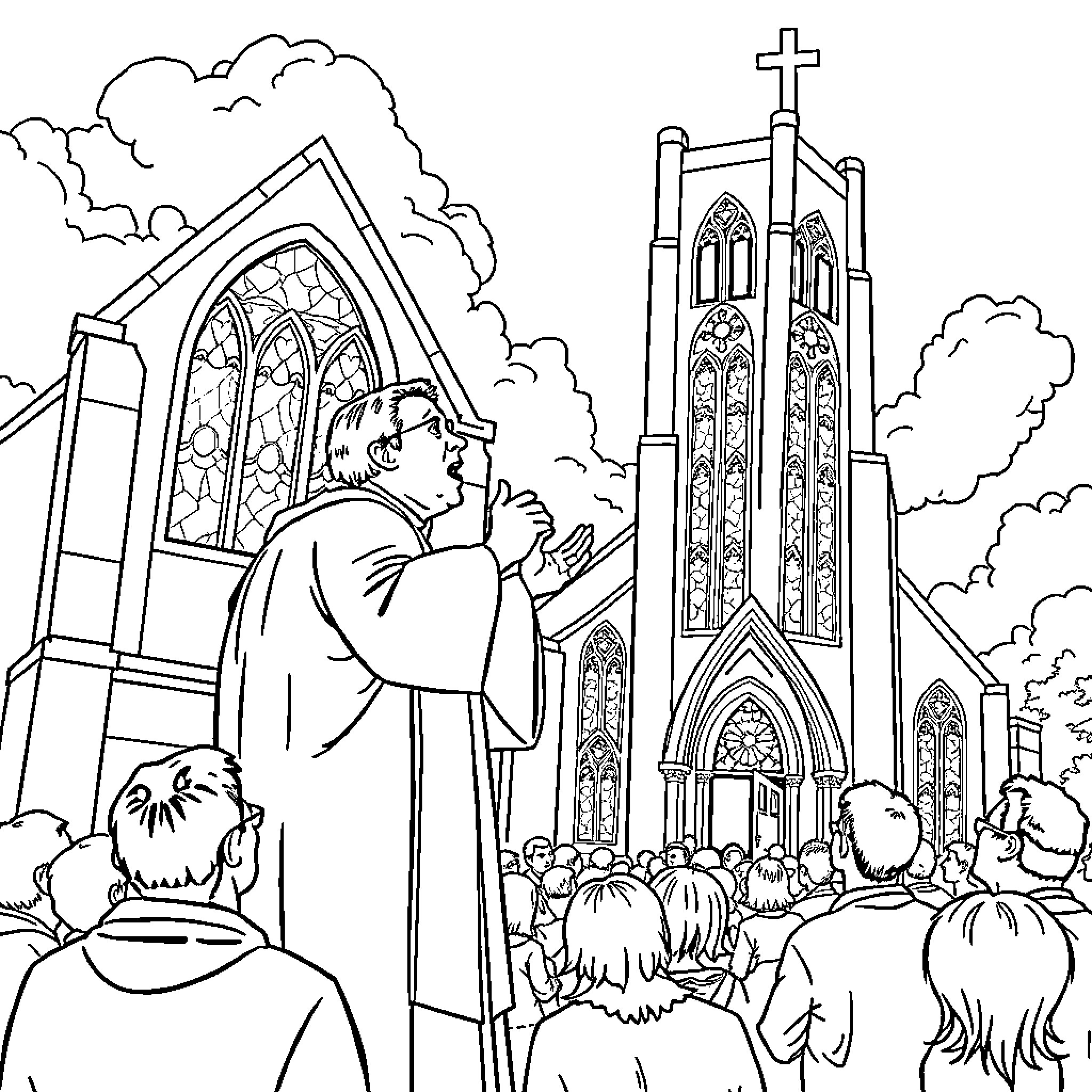 Priest leading a congregation outside a Gothic cathedral Coloring Page (free black-and-white line drawing printable PDF for all, from beginners to advanced learners, including children, teens, adults, and seniors)