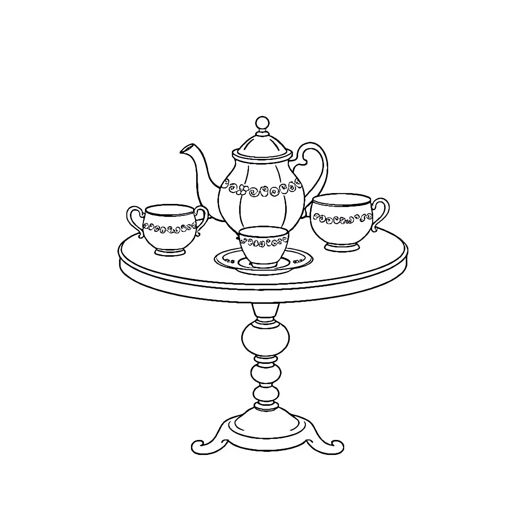Teaset displayed gracefully on ornamental stand Coloring Page (free black-and-white line drawing printable PDF for all, from beginners to advanced learners, including children, teens, adults, and seniors)