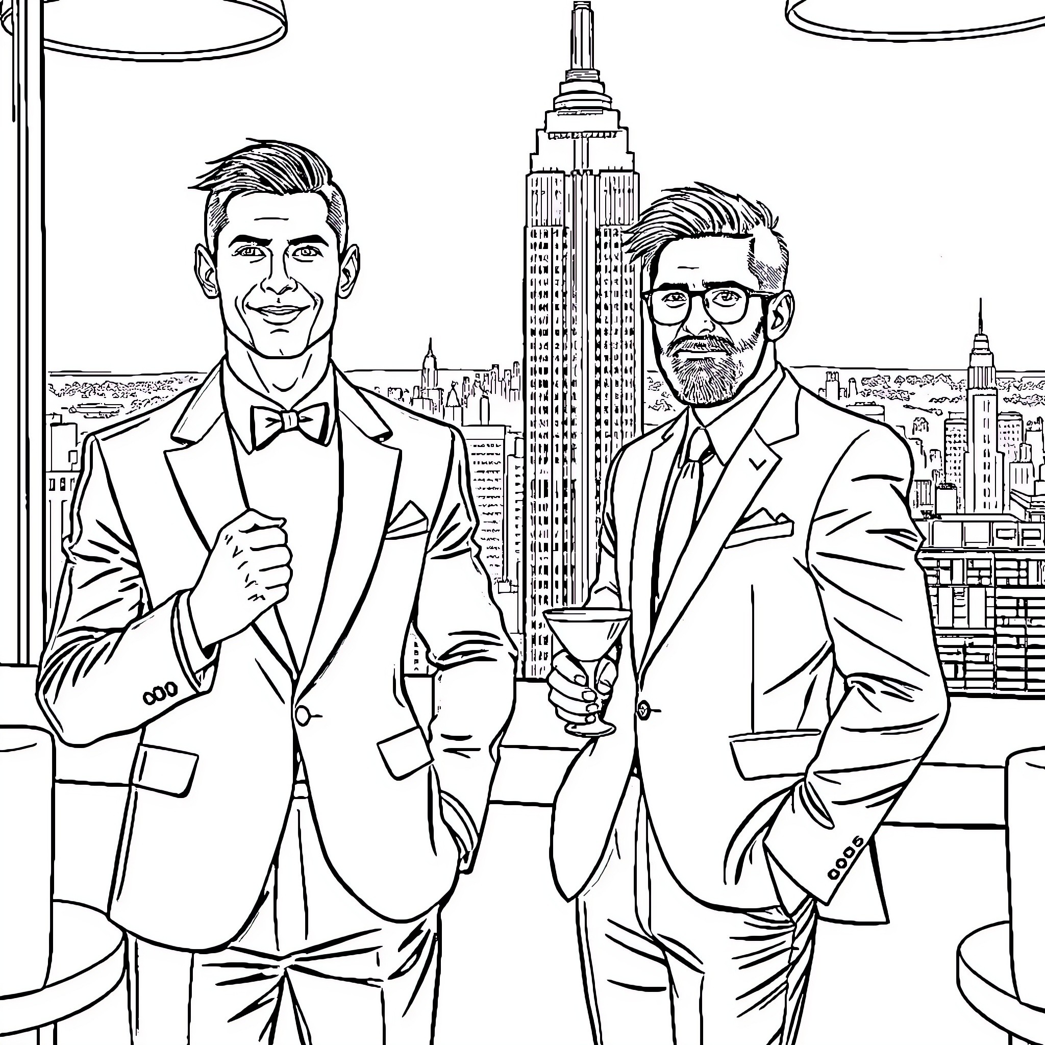 Cristiano Ronaldo and Friend in Stylish Suits with City Skyline Coloring Page (free black-and-white line drawing printable PDF for all, from beginners to advanced learners, including children, teens, adults, and seniors)