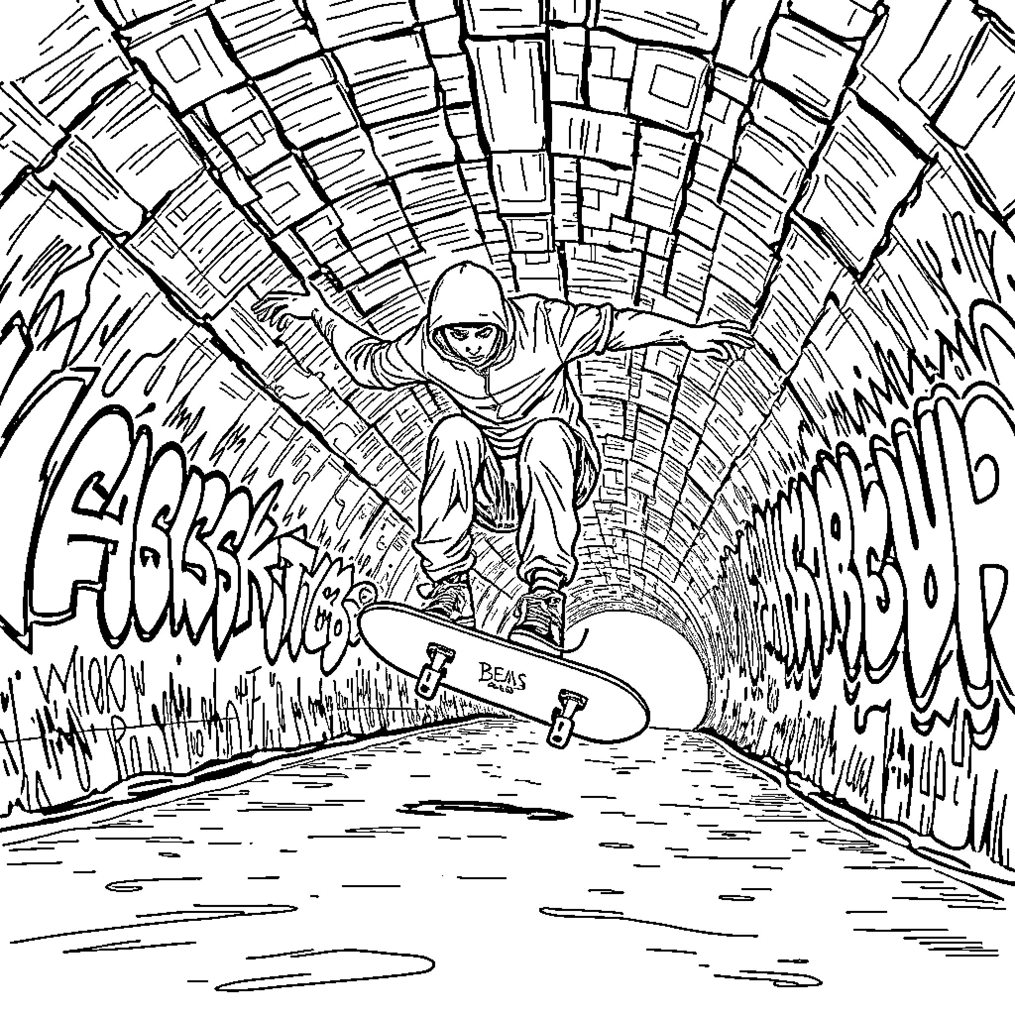 Skateboarder carving through a graffiti-covered tunnel Coloring Page (free black-and-white line drawing printable PDF for all, from beginners to advanced learners, including children, teens, adults, and seniors)