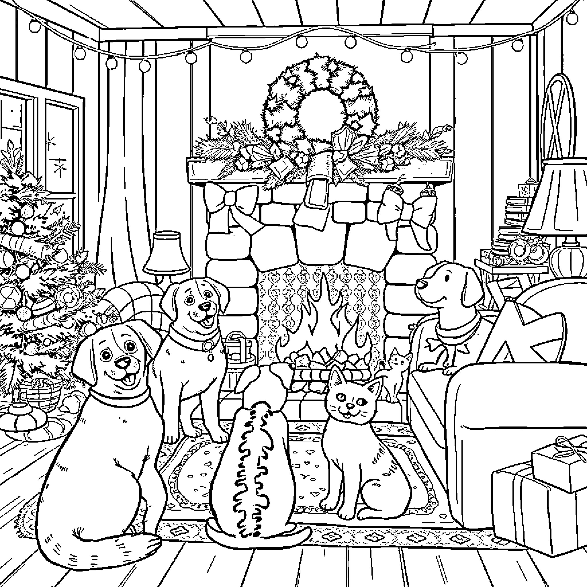 Cats and Dogs Celebrating the Holidays Coloring Page (free black-and-white line drawing printable PDF for all, from beginners to advanced learners, including children, teens, adults, and seniors)
