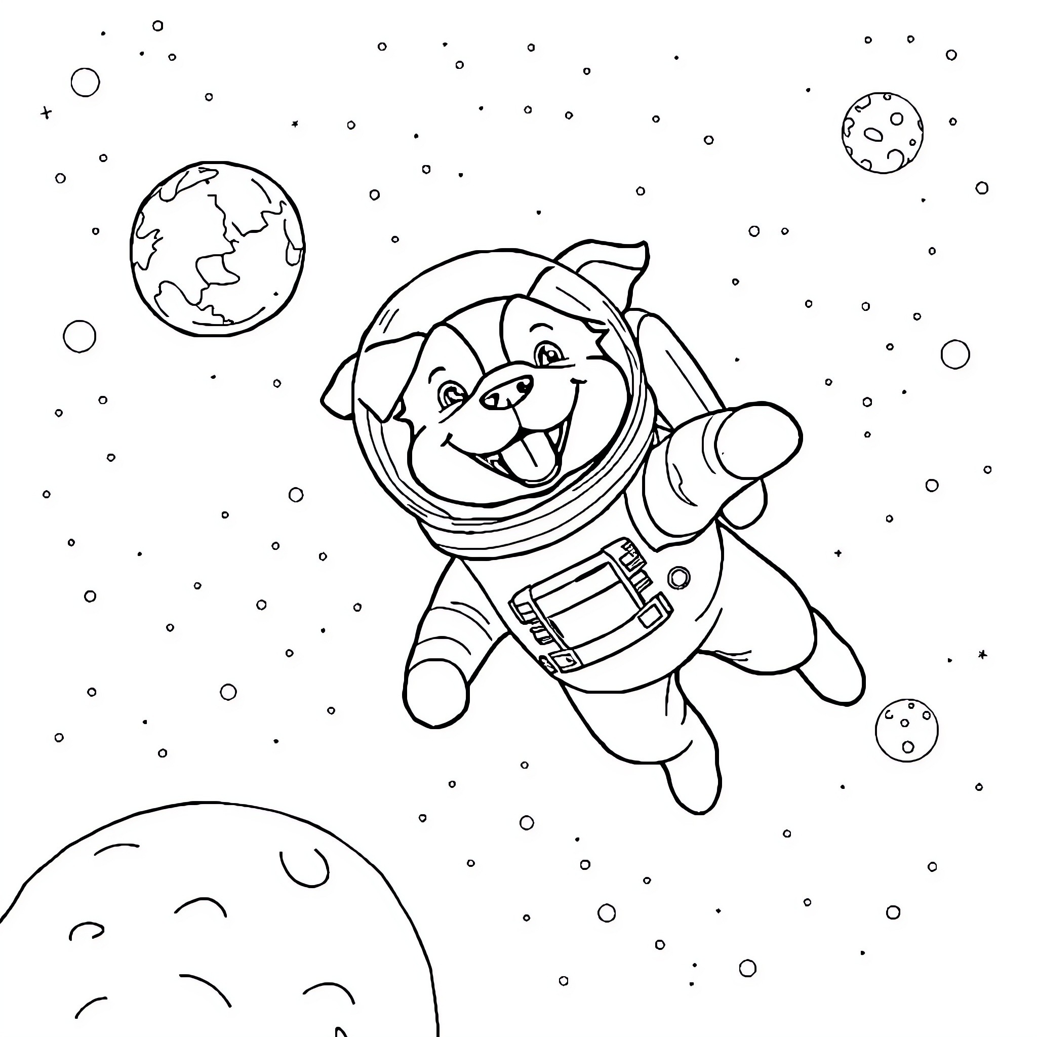 Dog astronaut exploring the galaxy Coloring Page (free black-and-white line drawing printable PDF for all, from beginners to advanced learners, including children, teens, adults, and seniors)