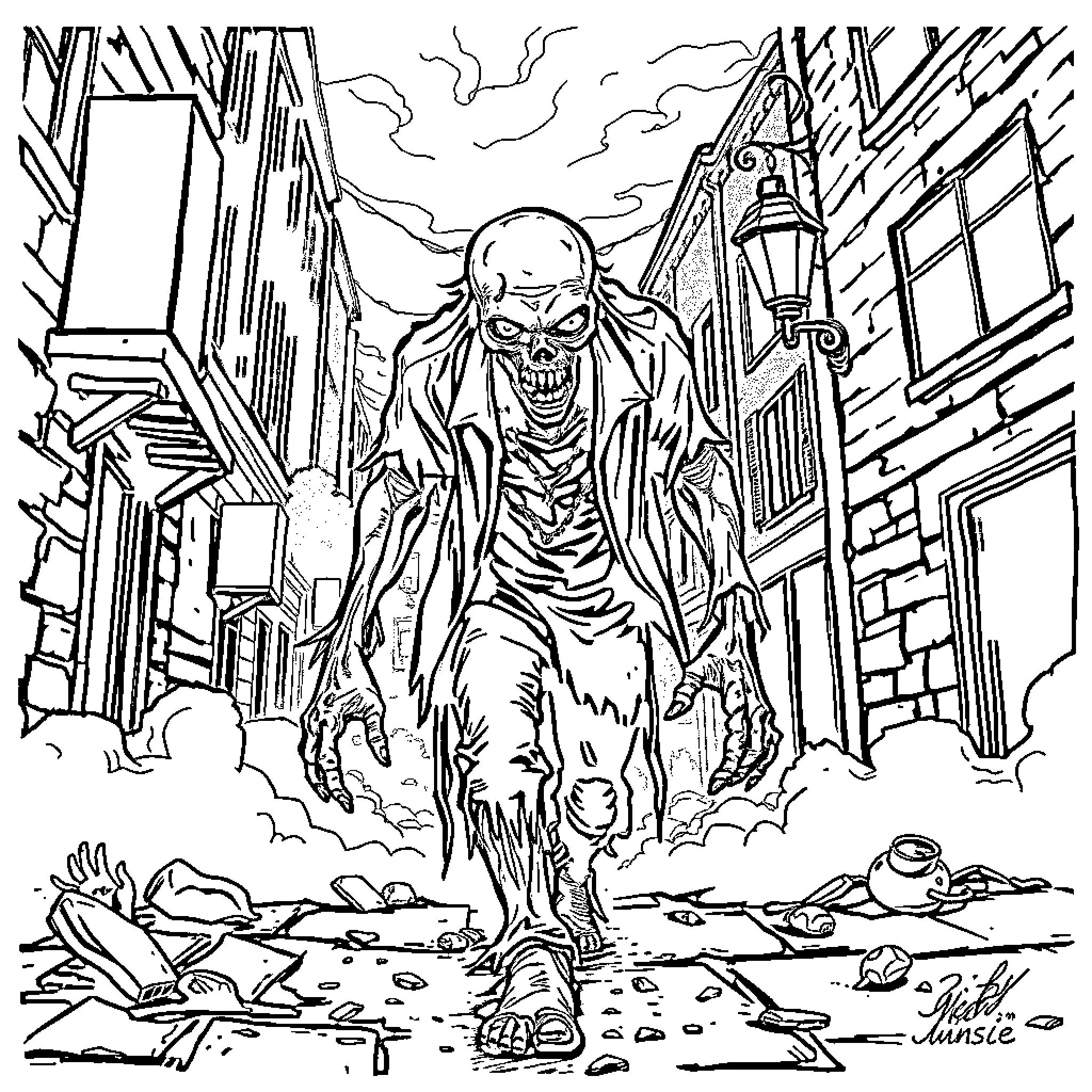 Zombie stalking the desolate urban streets Coloring Page (free black-and-white line drawing printable PDF for all, from beginners to advanced learners, including children, teens, adults, and seniors)