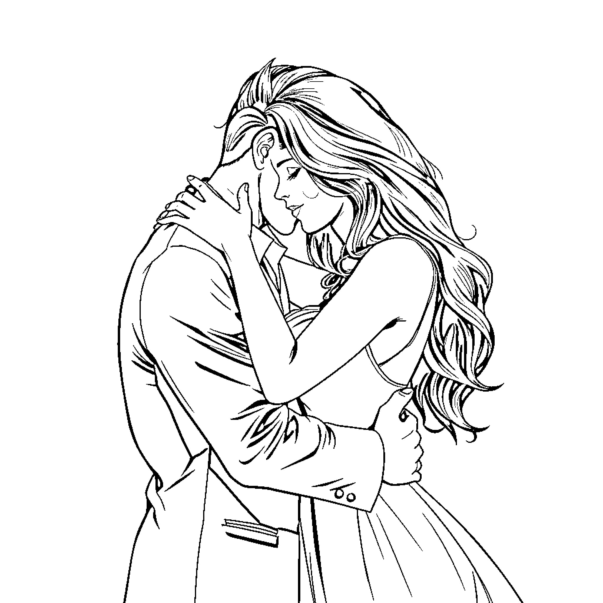 Kendra's Tender Embrace Coloring Page (free black-and-white line drawing printable PDF for all, from beginners to advanced learners, including children, teens, adults, and seniors)