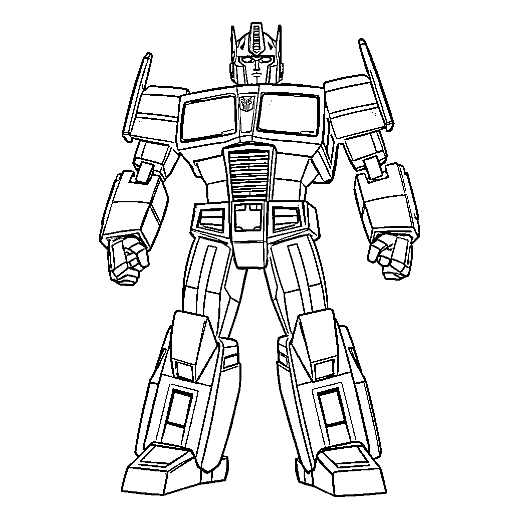 Optimus Prime standing in heroic pose Coloring Page (free black-and-white line drawing printable PDF for all, from beginners to advanced learners, including children, teens, adults, and seniors)