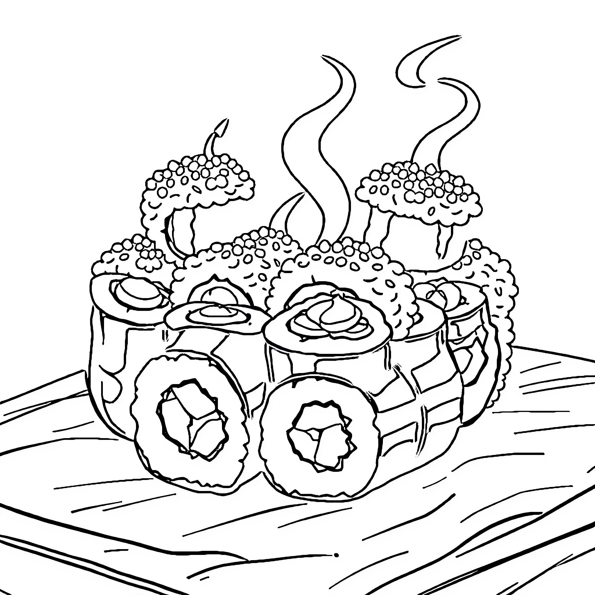 Sushi platter with delightful arrangements Coloring Page (free black-and-white line drawing printable PDF for all, from beginners to advanced learners, including children, teens, adults, and seniors)