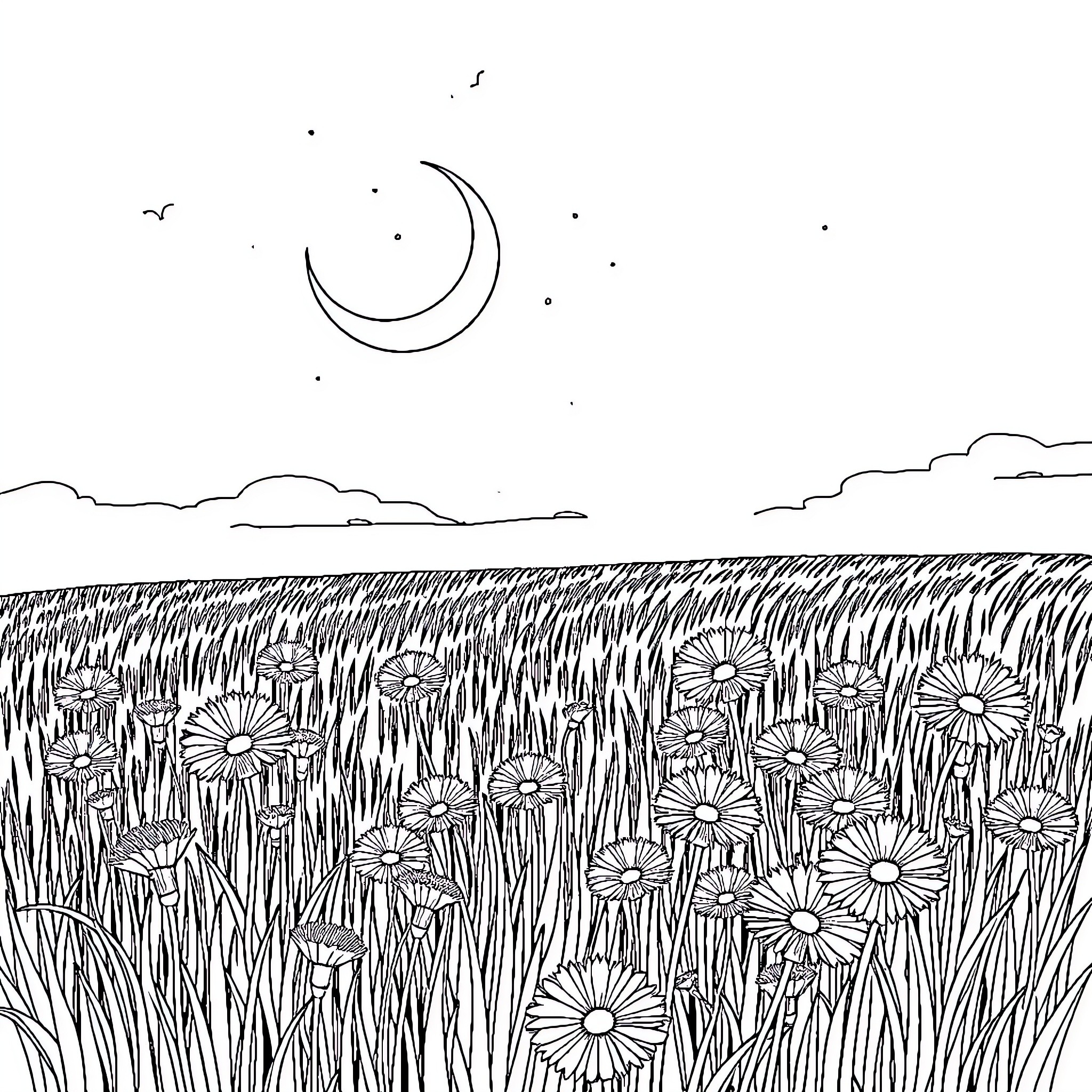 Moon shining over a field of flowers Coloring Page (free black-and-white line drawing printable PDF for all, from beginners to advanced learners, including children, teens, adults, and seniors)