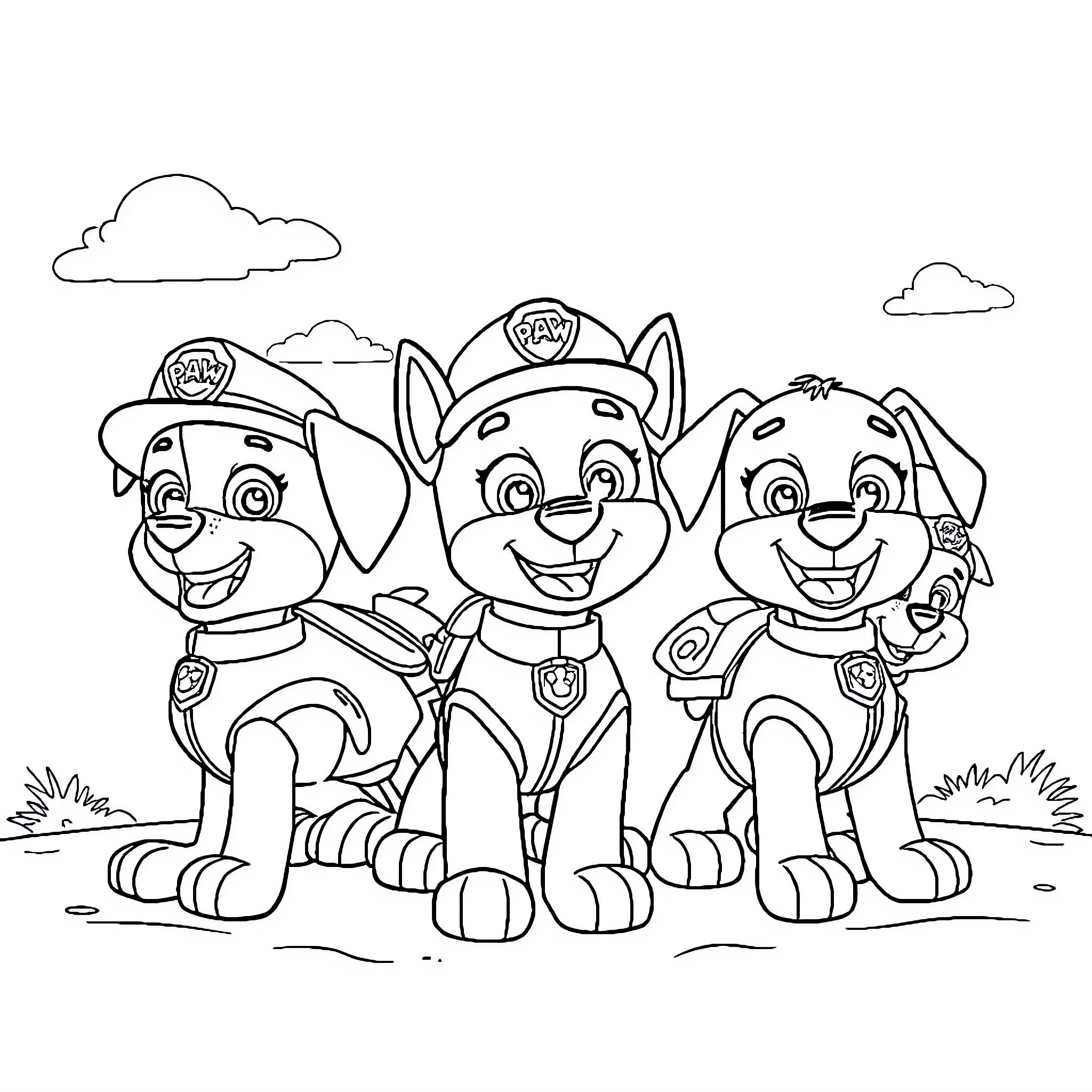 Paw Patrol pups on patrol in the field Coloring Page (free black-and-white line drawing printable PDF for all, from beginners to advanced learners, including children, teens, adults, and seniors)