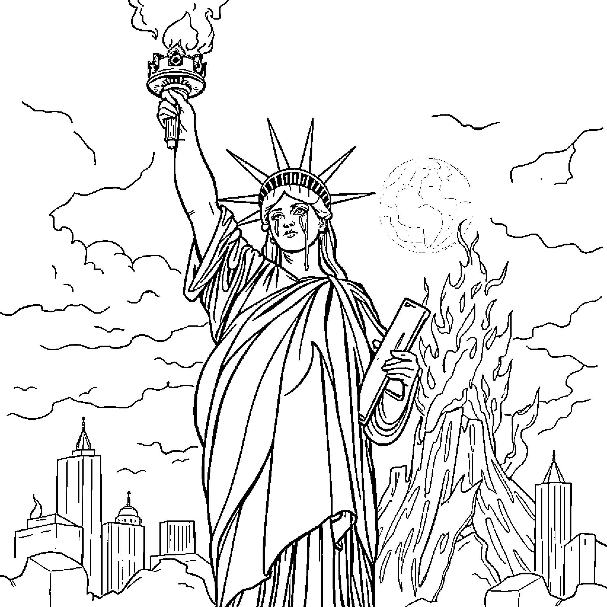 Statue Of Liberty Holding Torch Amidst Cityscape and Flames Coloring Page (free black-and-white line drawing printable PDF for all, from beginners to advanced learners, including children, teens, adults, and seniors)