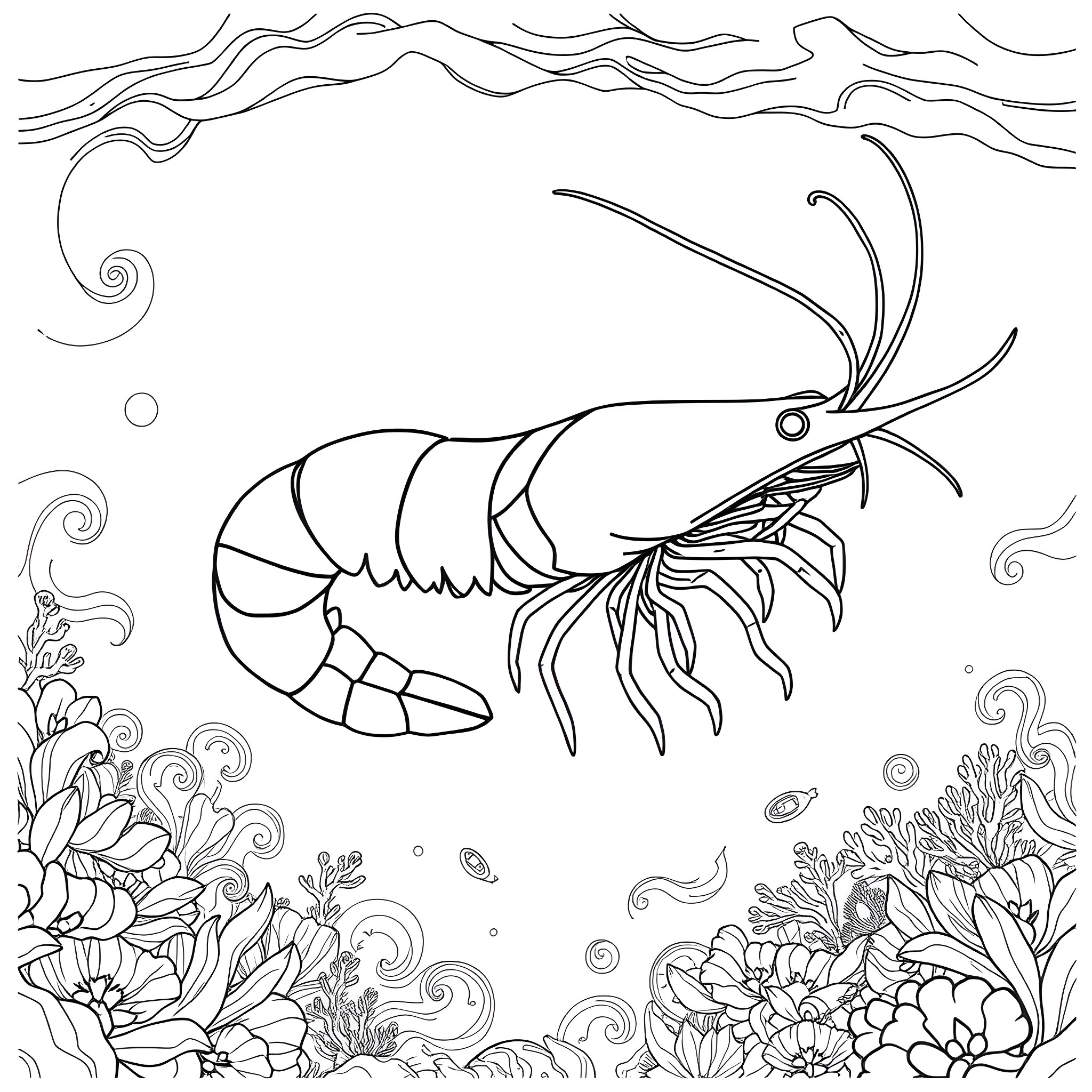 Shrimp swimming among colorful marine plants Coloring Page (free black-and-white line drawing printable PDF for all, from beginners to advanced learners, including children, teens, adults, and seniors)