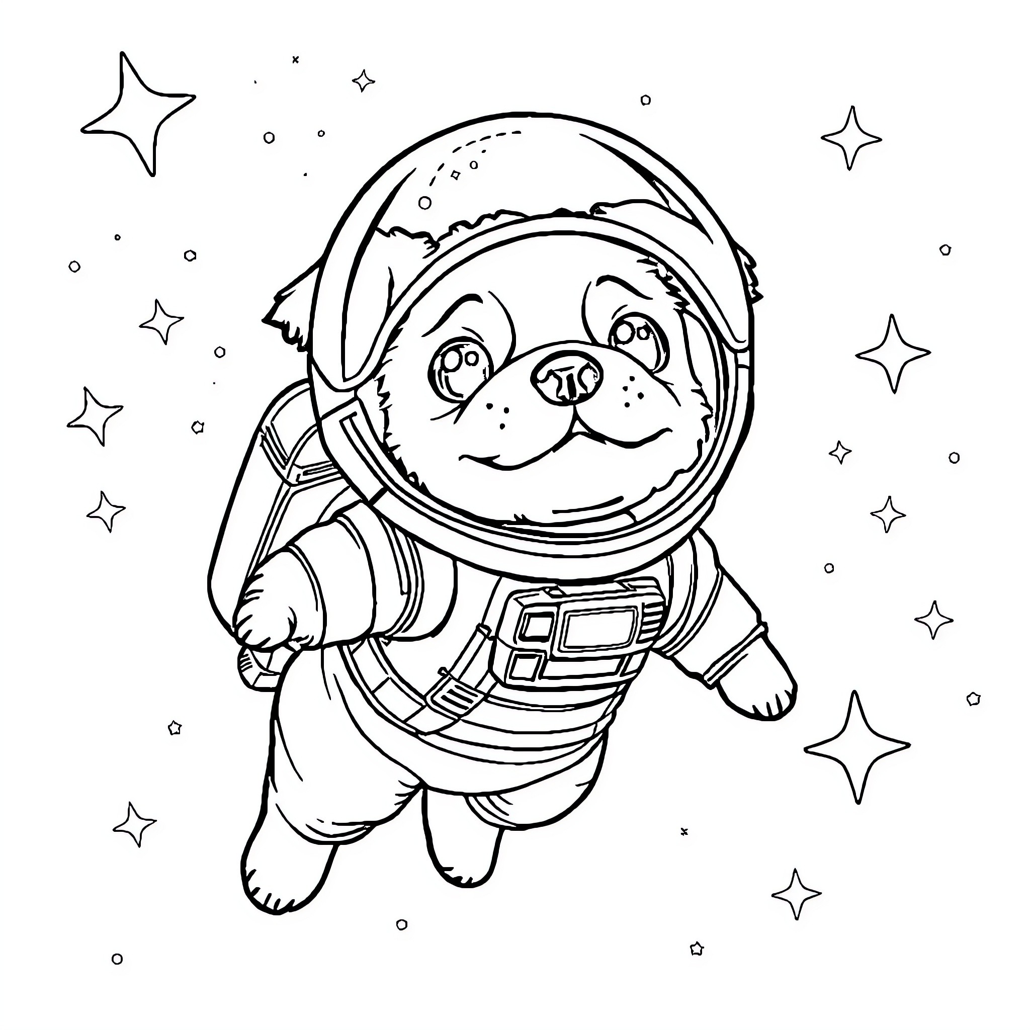 Dog astronaut exploring the galaxy Coloring Page (free black-and-white line drawing printable PDF for all, from beginners to advanced learners, including children, teens, adults, and seniors)