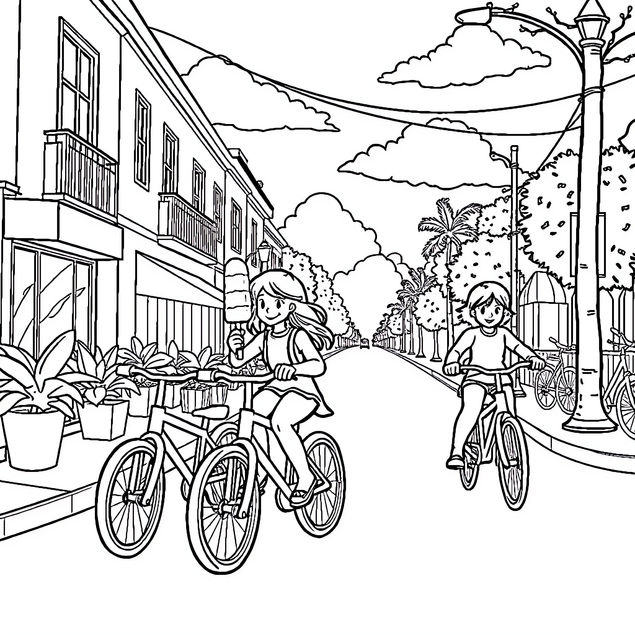 Popsicle Ride Through Colorful Town Coloring Page (free black-and-white line drawing printable PDF for all, from beginners to advanced learners, including children, teens, adults, and seniors)