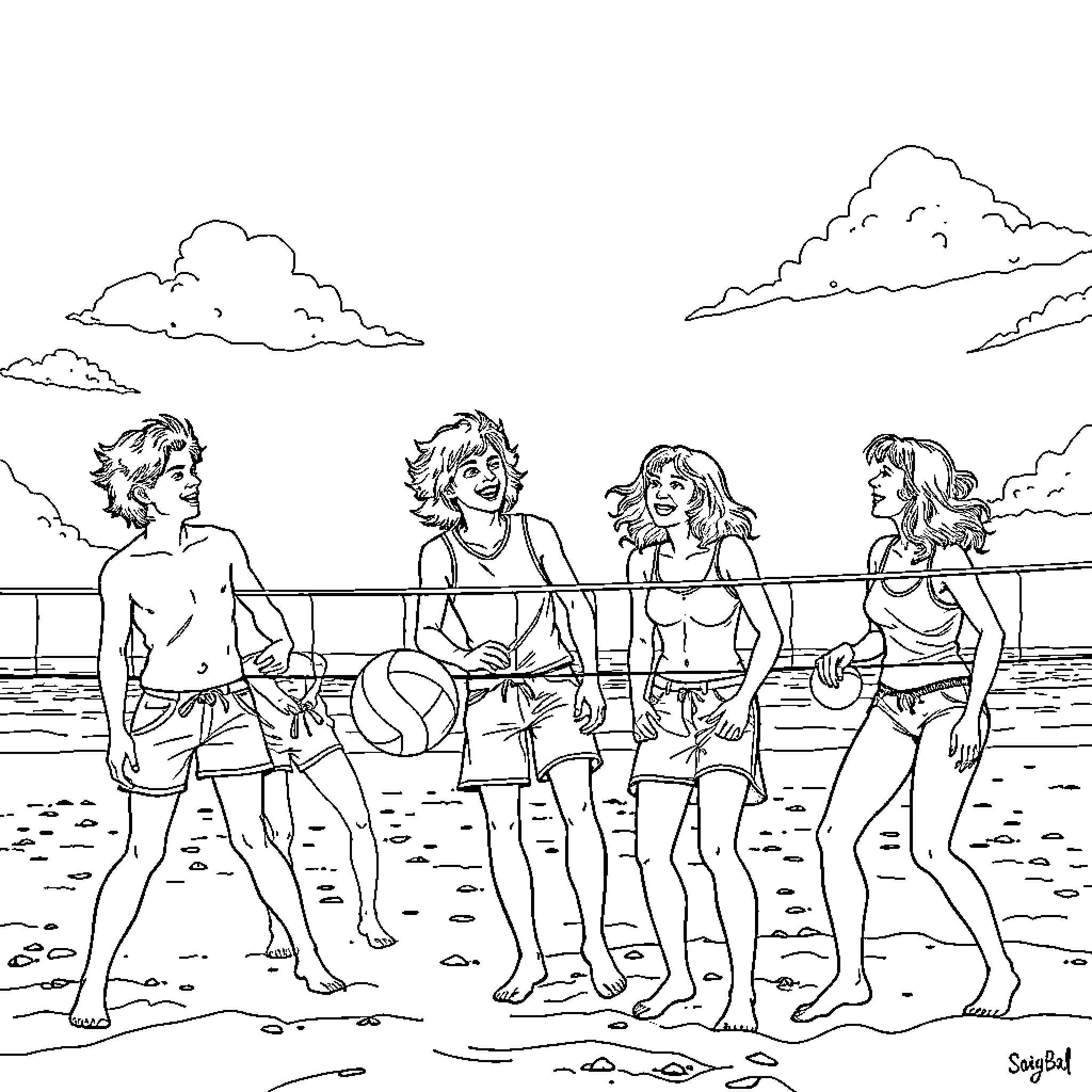 Stranger Things group playing volleyball on the beach Coloring Page (free black-and-white line drawing printable PDF for all, from beginners to advanced learners, including children, teens, adults, and seniors)