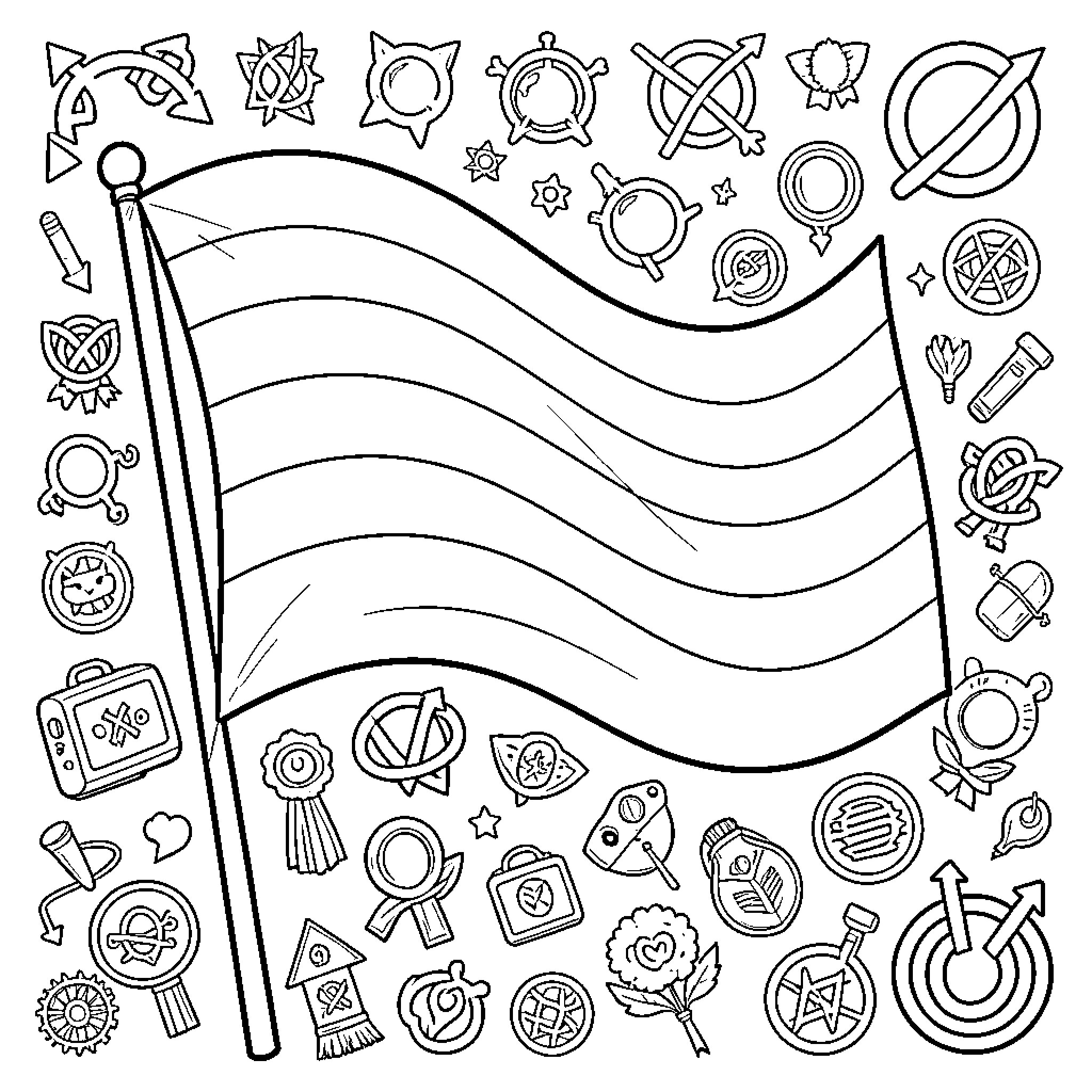 Bisexual Pride Flag surrounded by various decorative doodles Coloring Page (free black-and-white line drawing printable PDF for all, from beginners to advanced learners, including children, teens, adults, and seniors)