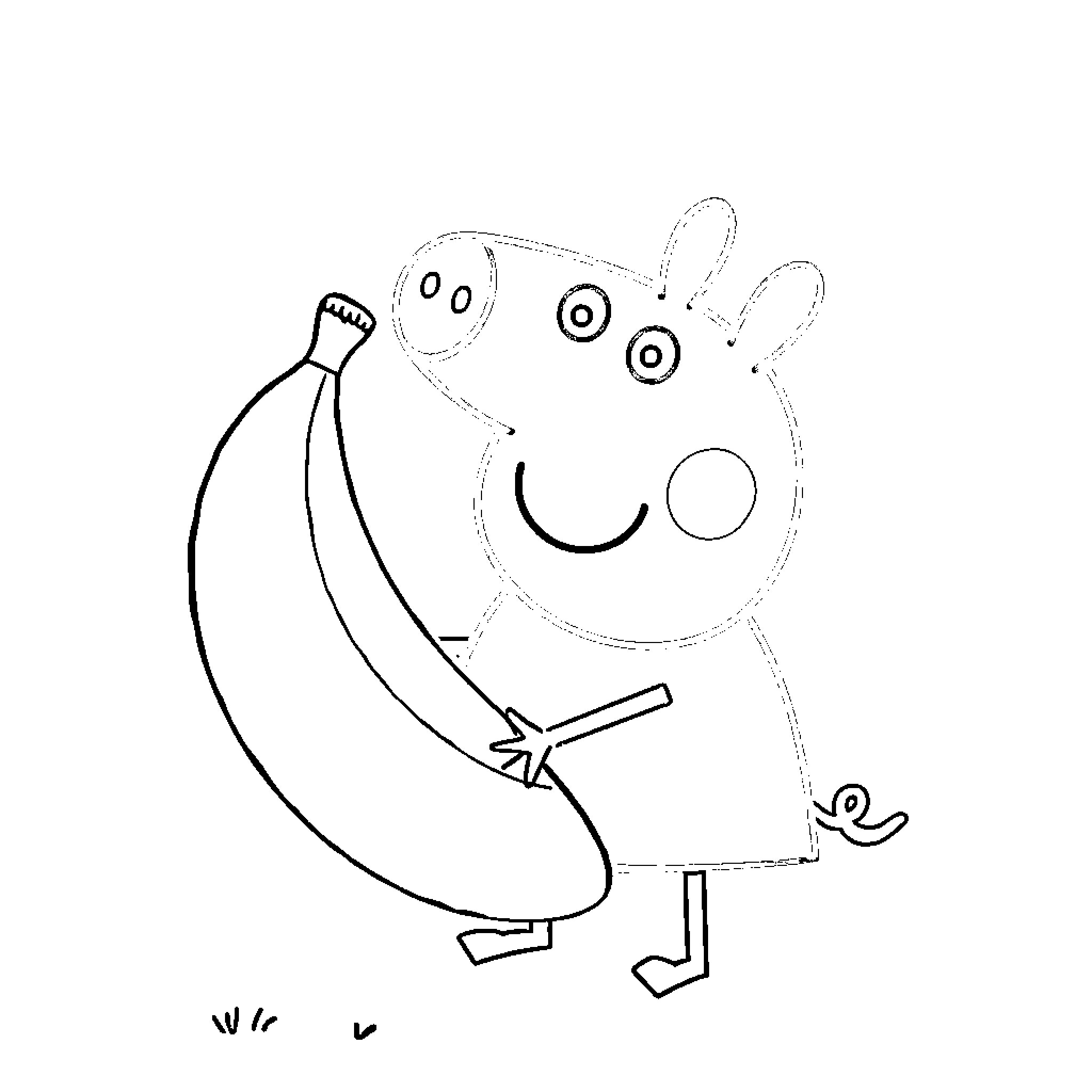 Peppa Pig playing with a banana Coloring Page (free black-and-white line drawing printable PDF for all, from beginners to advanced learners, including children, teens, adults, and seniors)