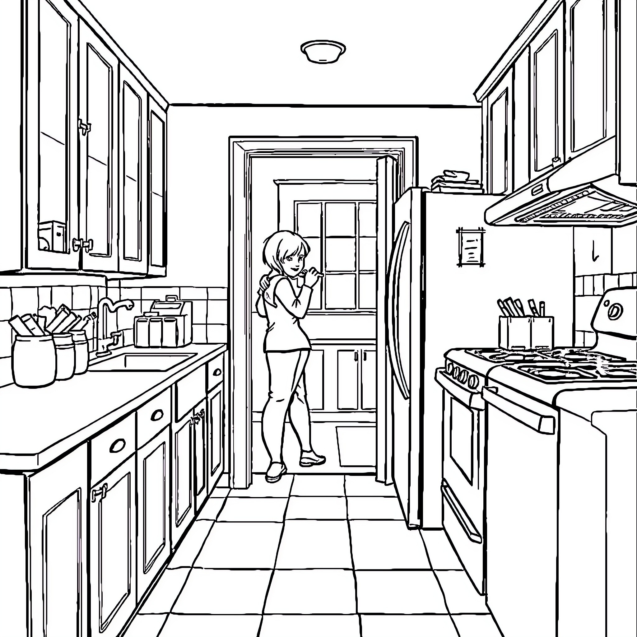 Cupboard Organizing in the Kitchen Coloring Page (free black-and-white line drawing printable PDF for all, from beginners to advanced learners, including children, teens, adults, and seniors)