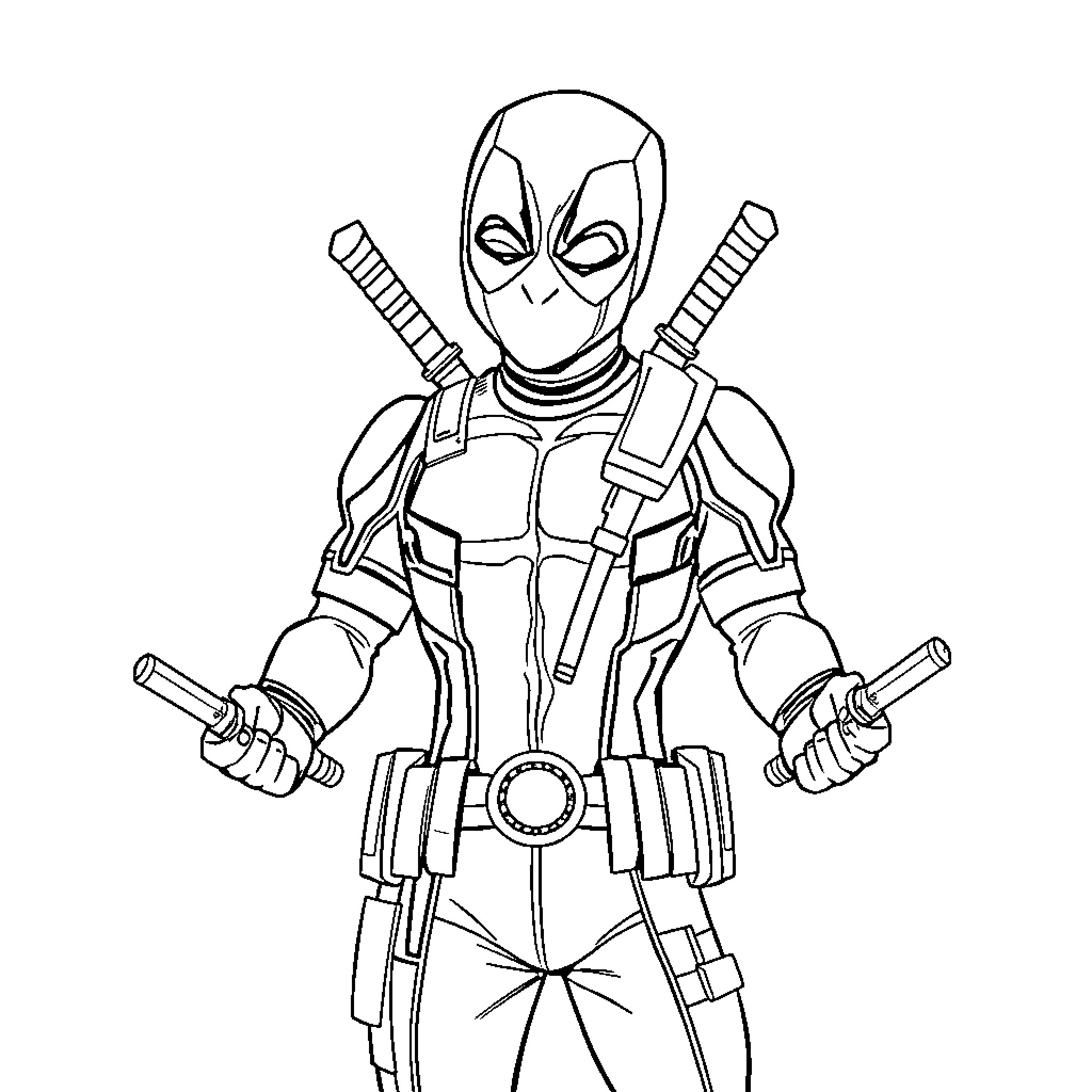 Deadpool wielding his signature dual swords in action Coloring Page (free black-and-white line drawing printable PDF for all, from beginners to advanced learners, including children, teens, adults, and seniors)