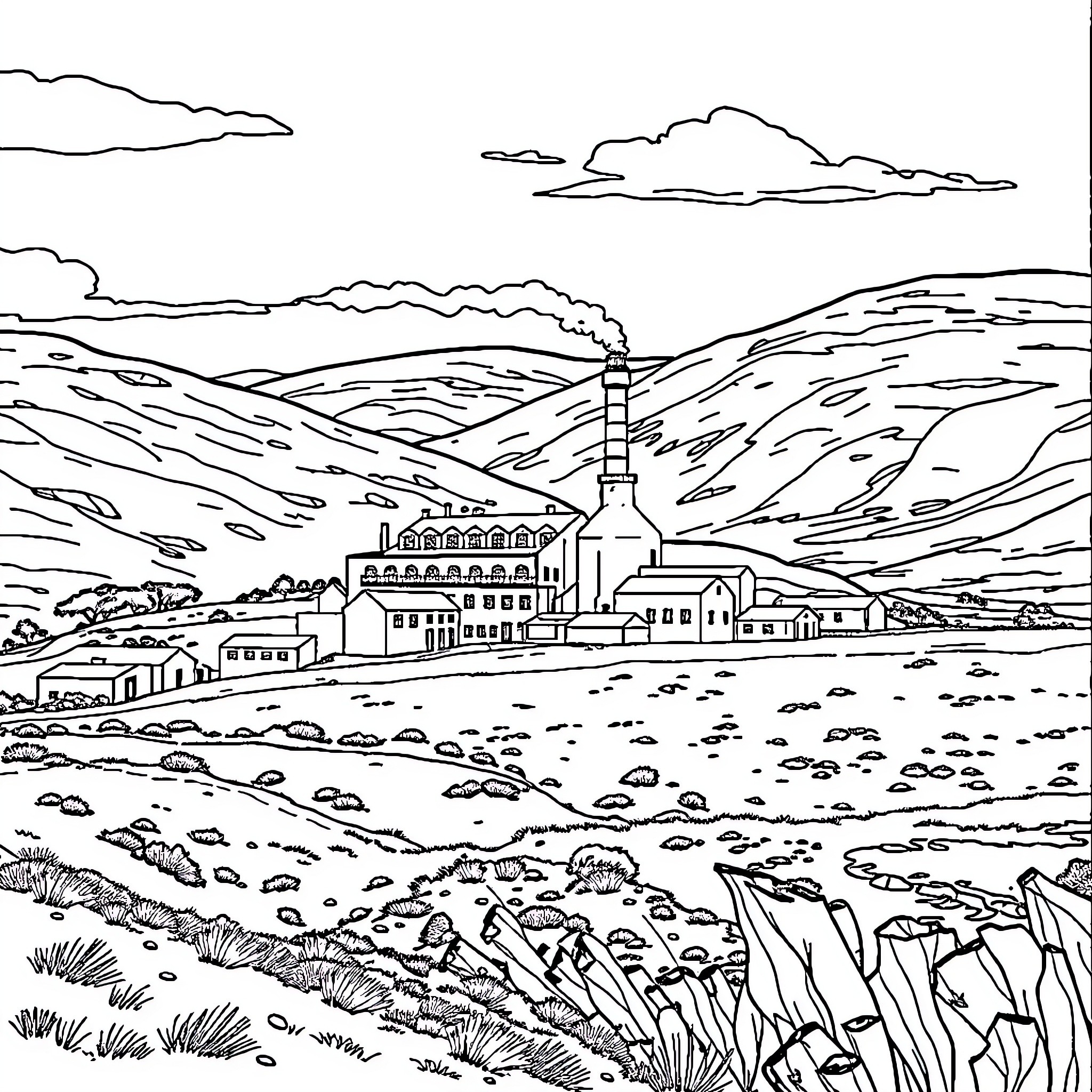 Whisky Distillery in the Picturesque Countryside Coloring Page (free black-and-white line drawing printable PDF for all, from beginners to advanced learners, including children, teens, adults, and seniors)