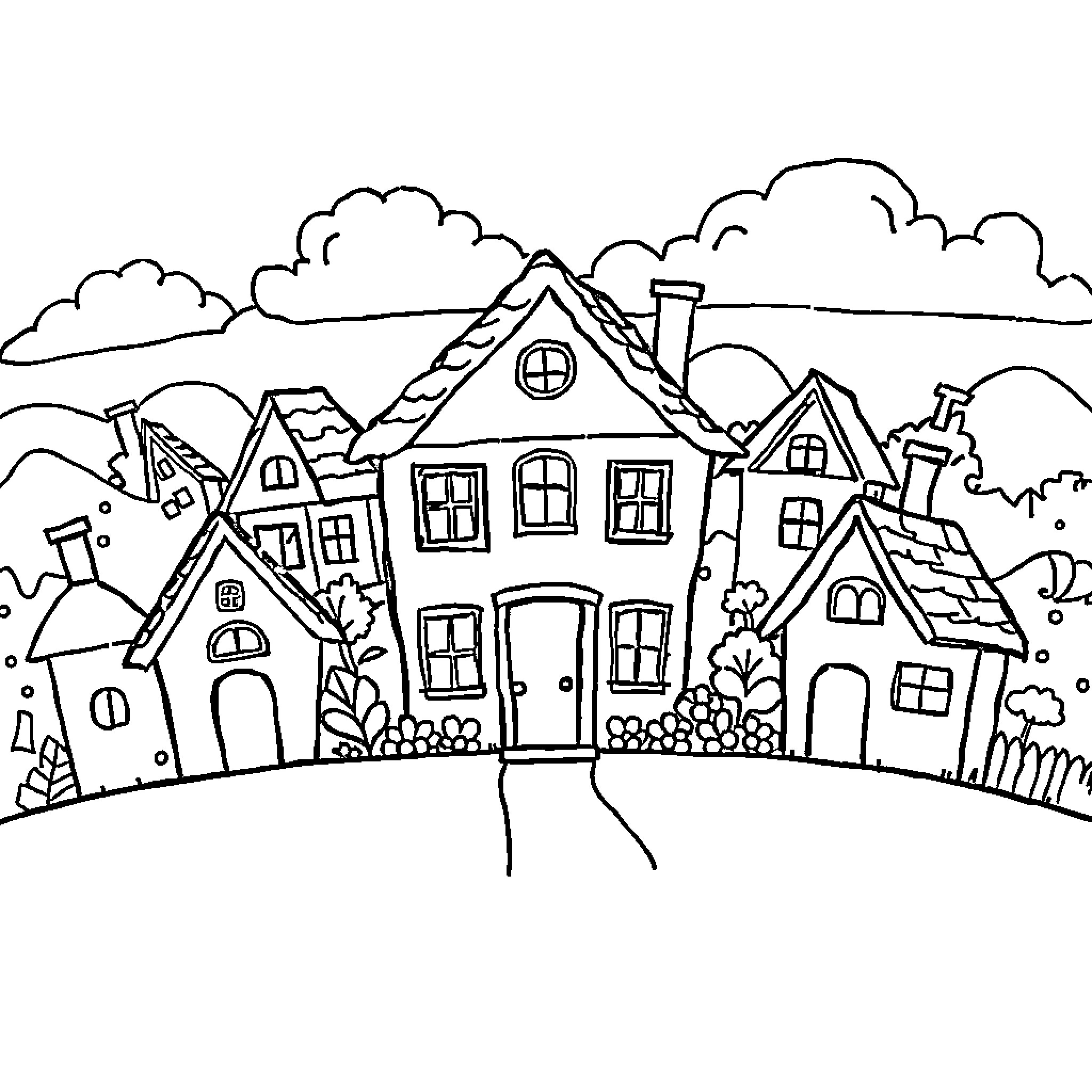 House with Quaint Cottages in Scenic Countryside Coloring Page (free black-and-white line drawing printable PDF for all, from beginners to advanced learners, including children, teens, adults, and seniors)